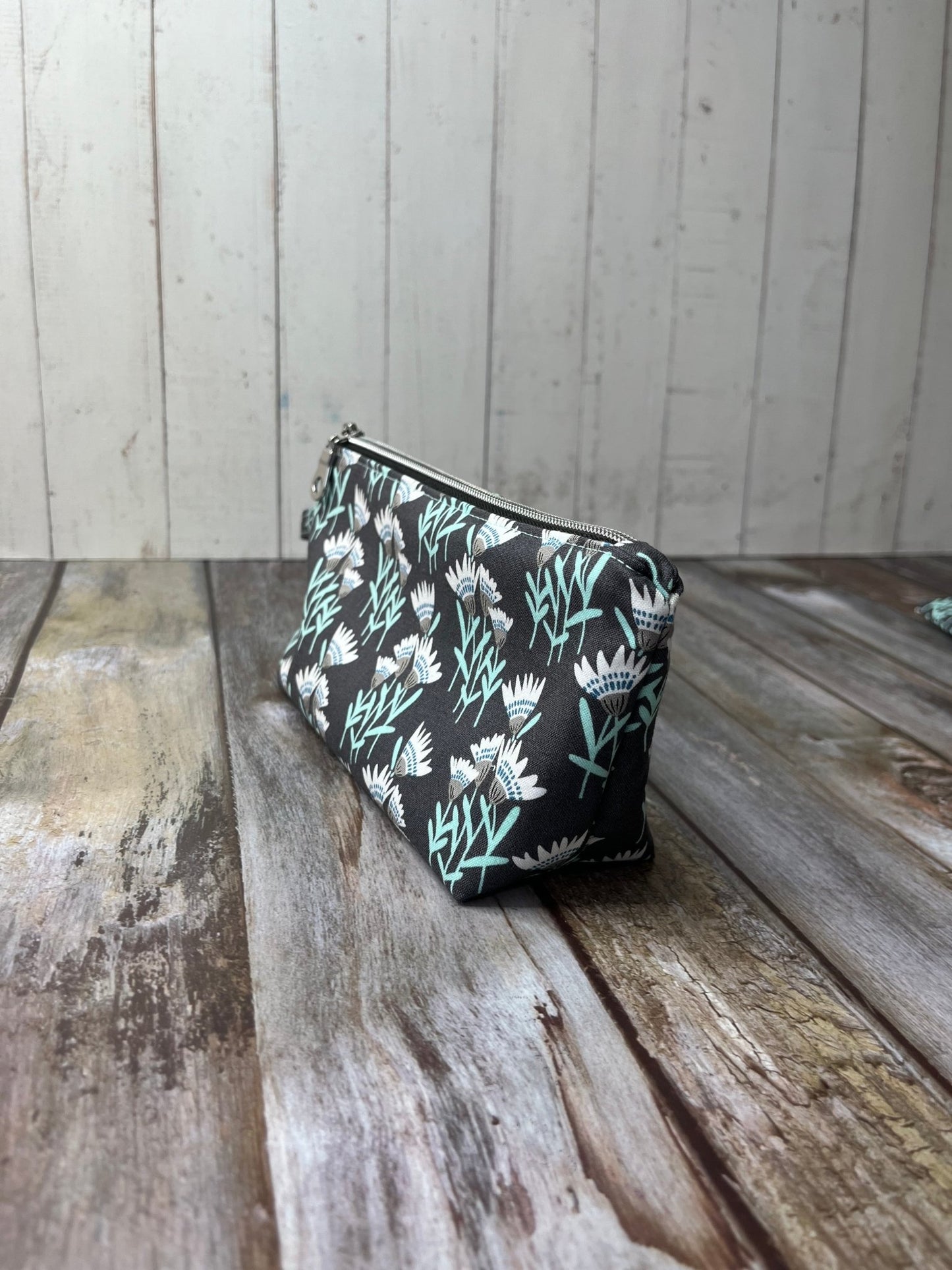 Grey Aqua Floral Makeup Bag Pencil Case - Uphouse Crafts