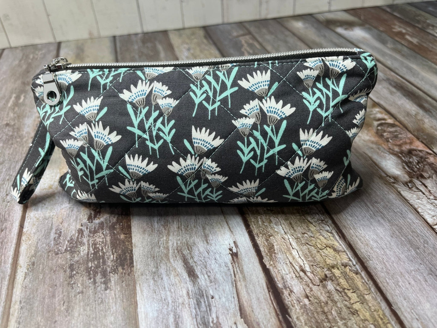 Grey Aqua Floral Makeup Bag Pencil Case - Uphouse Crafts