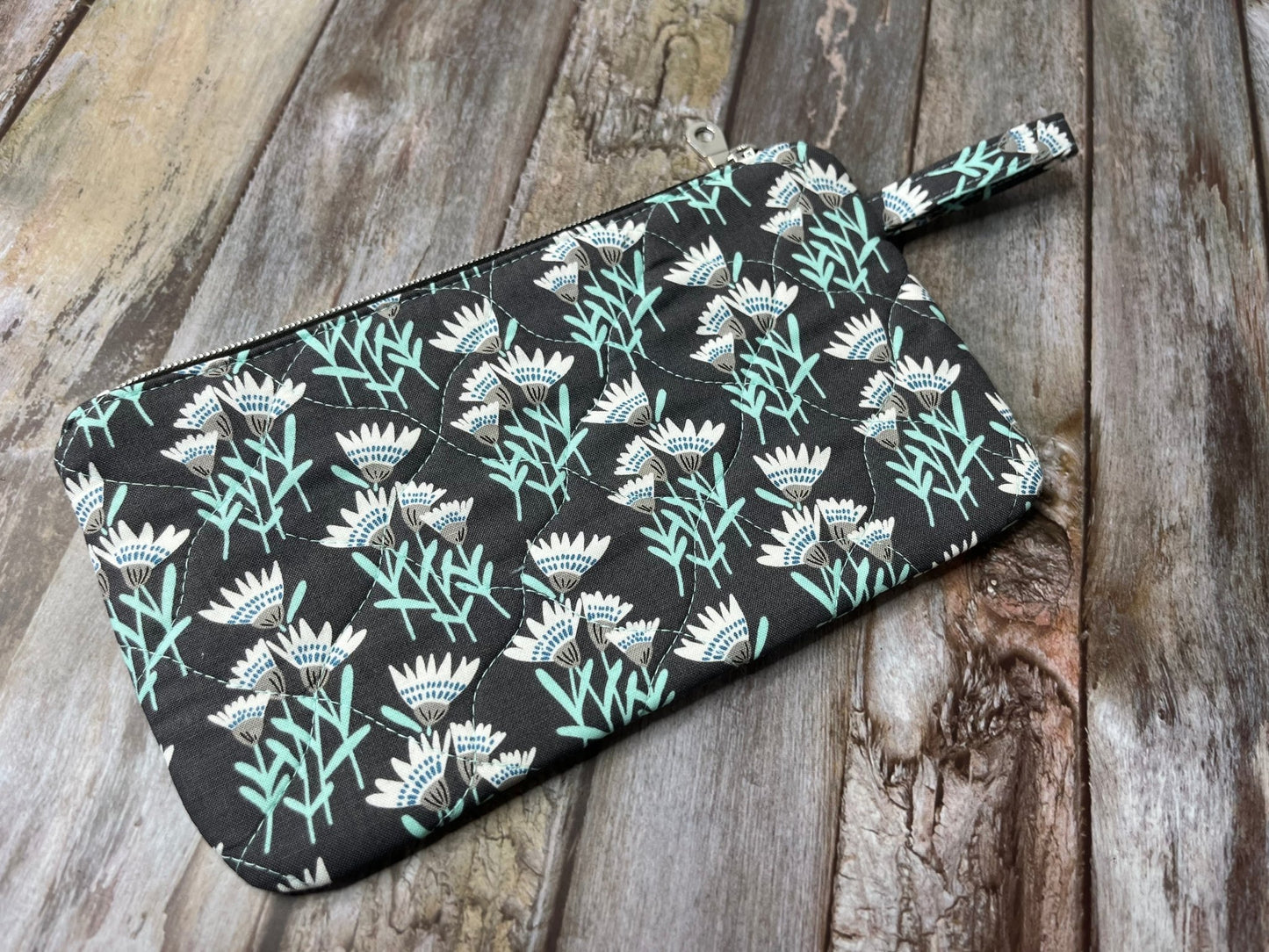 Grey Aqua Floral Makeup Bag Pencil Case - Uphouse Crafts