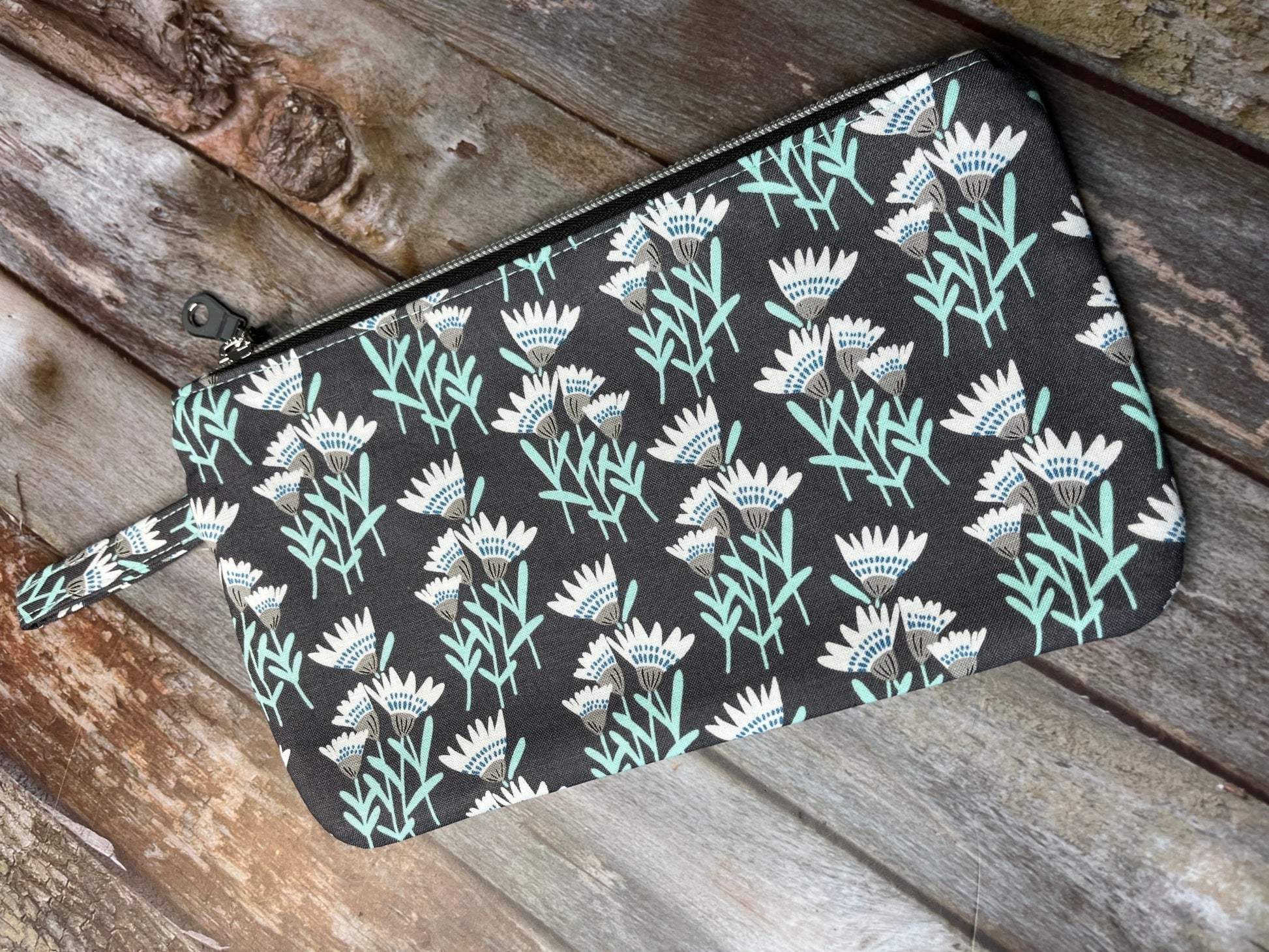 Grey Aqua Floral Makeup Bag Pencil Case - Uphouse Crafts