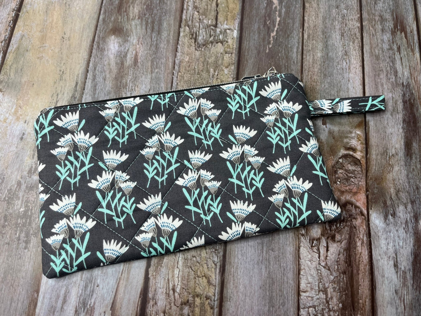 Grey Aqua Floral Makeup Bag Pencil Case - Uphouse Crafts