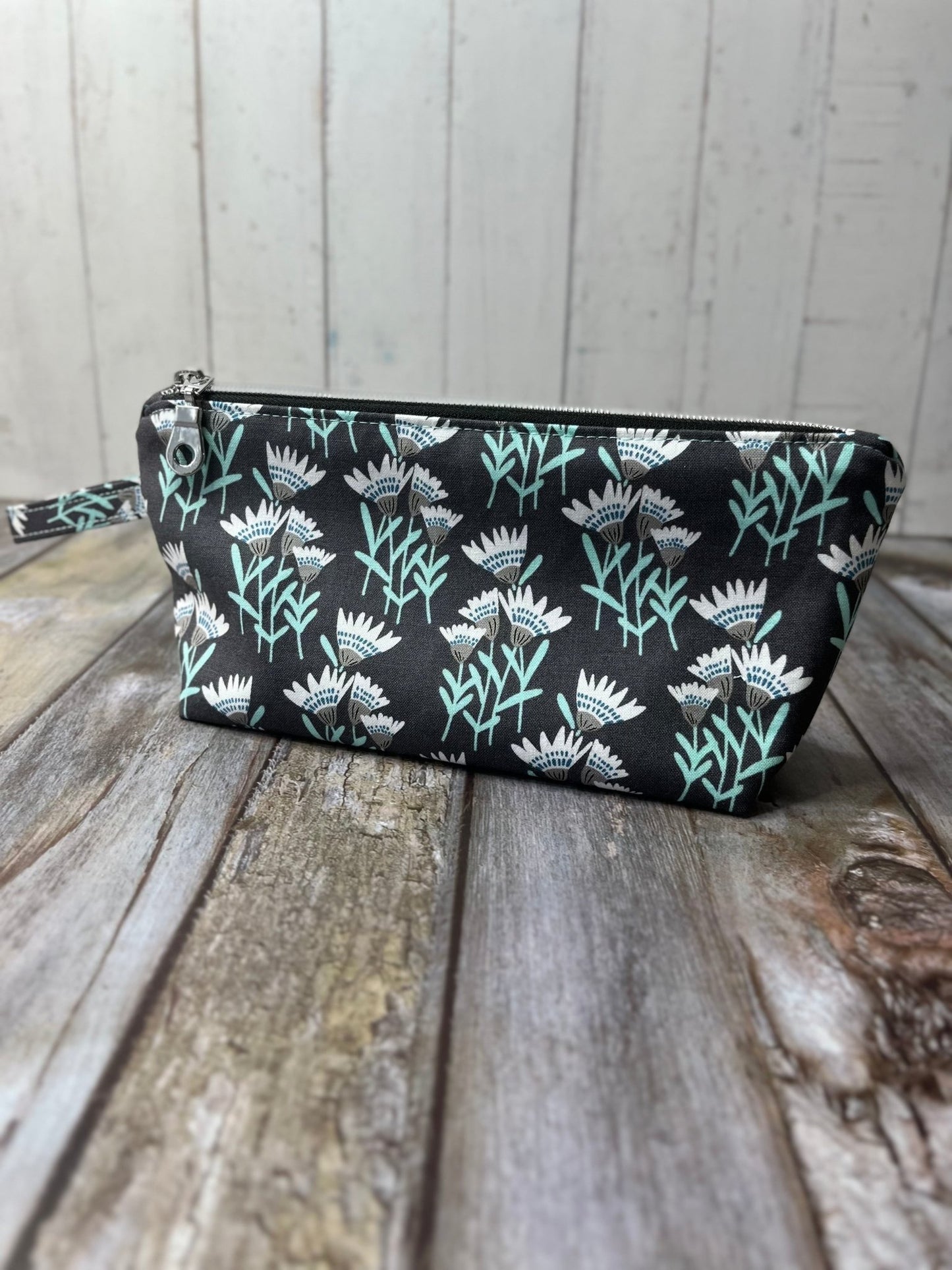 Grey Aqua Floral Makeup Bag Pencil Case - Uphouse Crafts