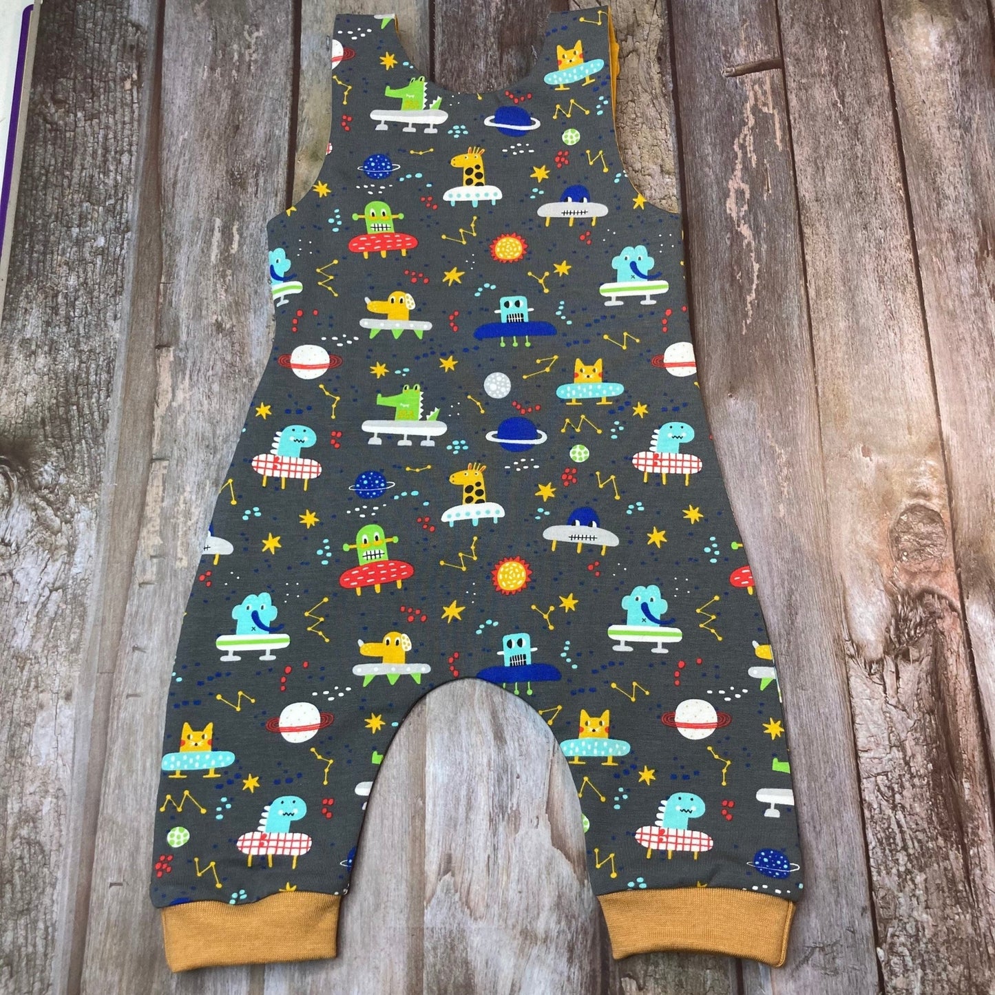 Grey Mustard Alien Spaceship Baby dungarees 0 - 3 months - Uphouse Crafts