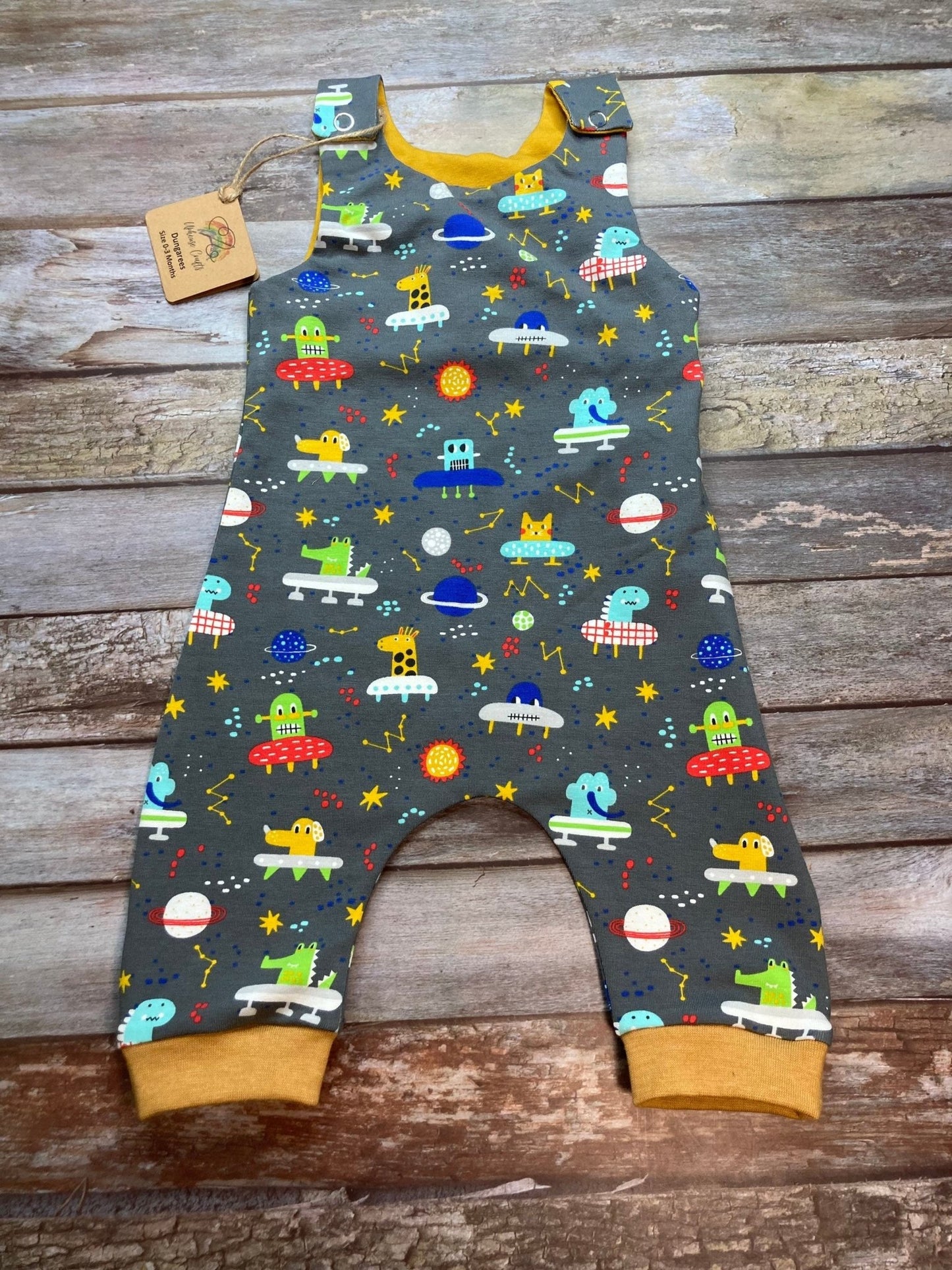 Grey Mustard Alien Spaceship Baby dungarees 0 - 3 months - Uphouse Crafts