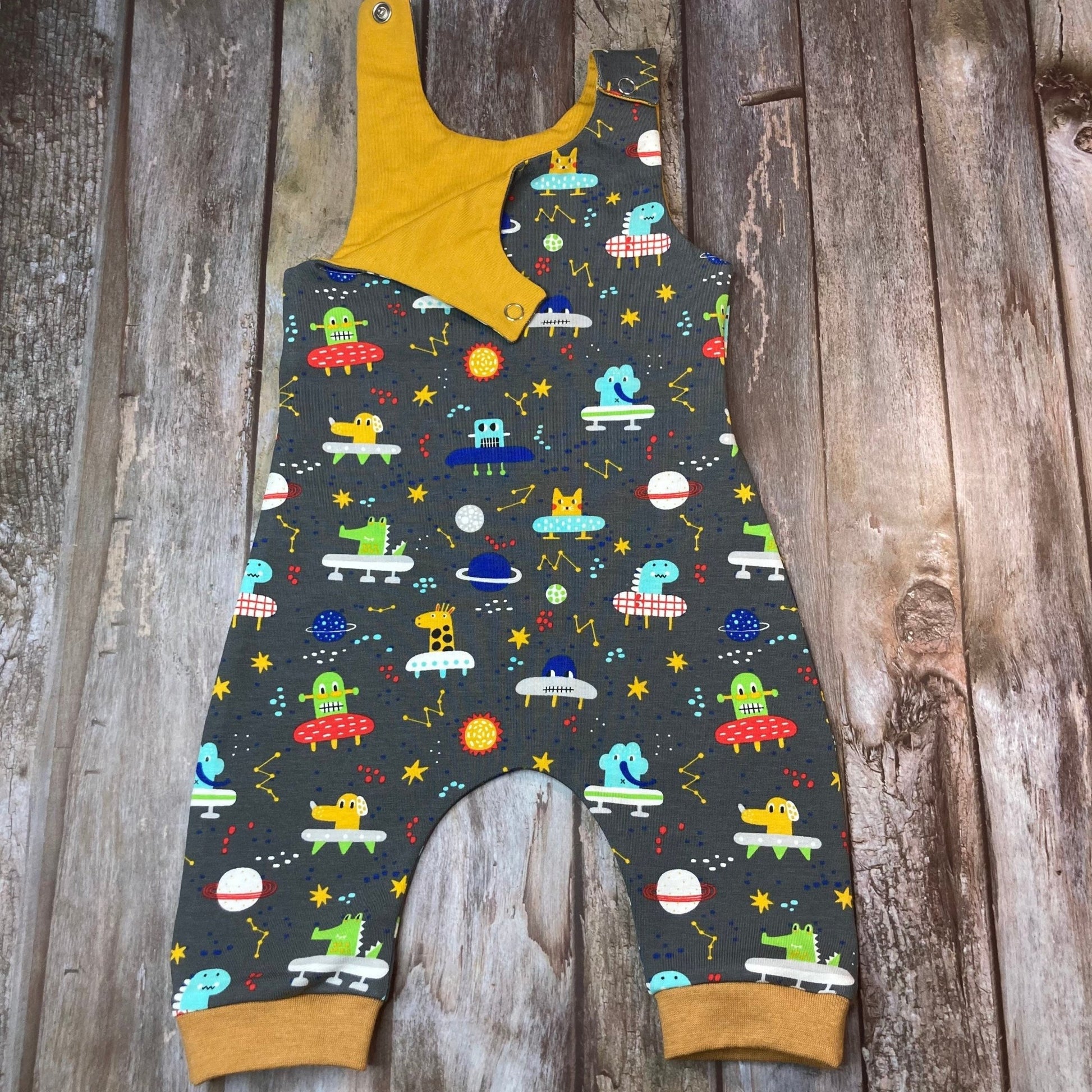 Grey Mustard Alien Spaceship Baby dungarees 0 - 3 months - Uphouse Crafts