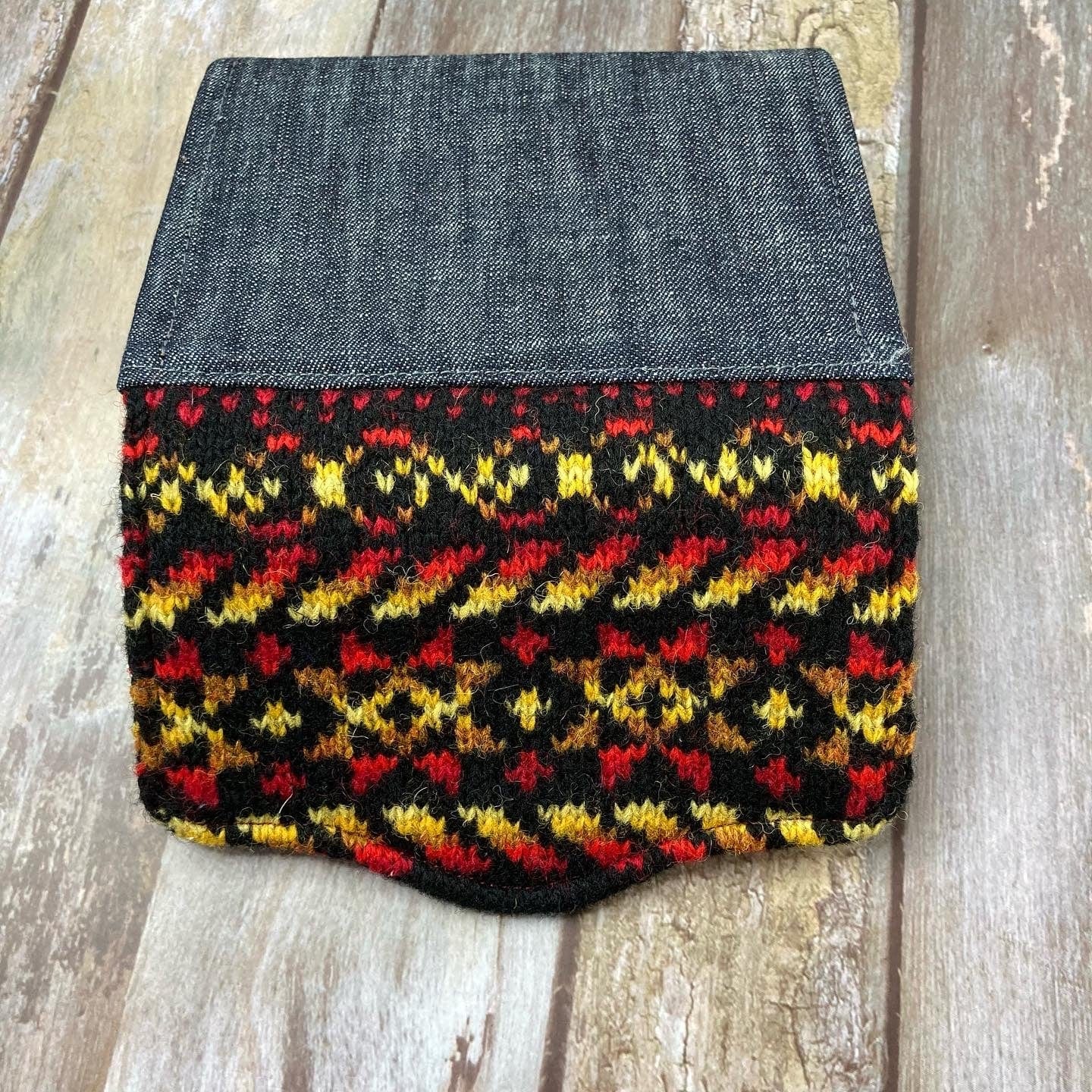 Hand knitted Fair Isle Purse Clutch | Black Red Yellow Star