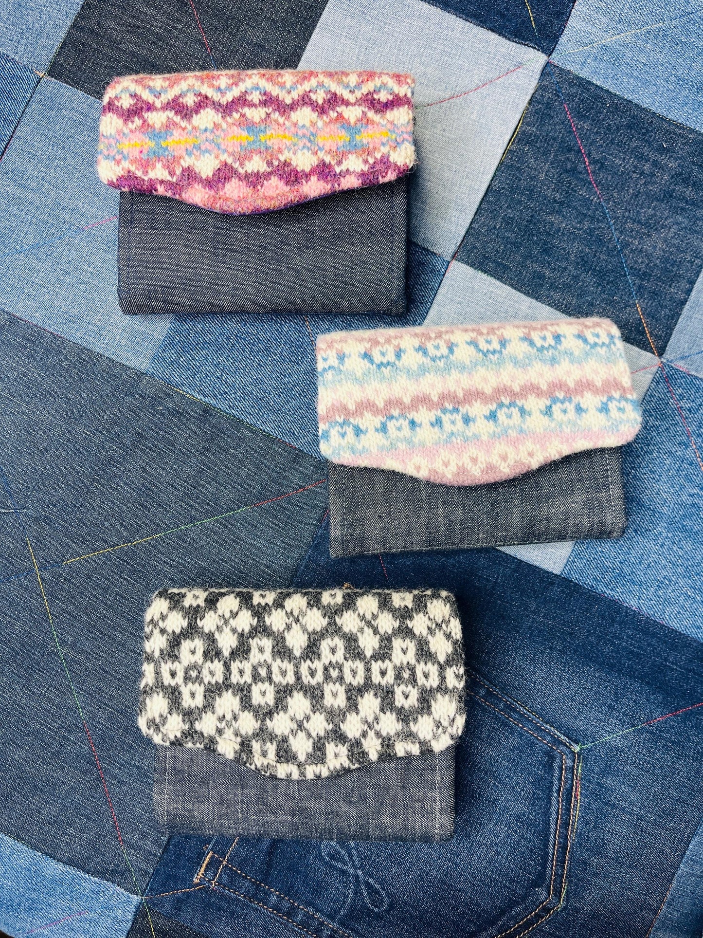 Hand knitted Fair Isle Purse Clutch | Denim - Uphouse Crafts