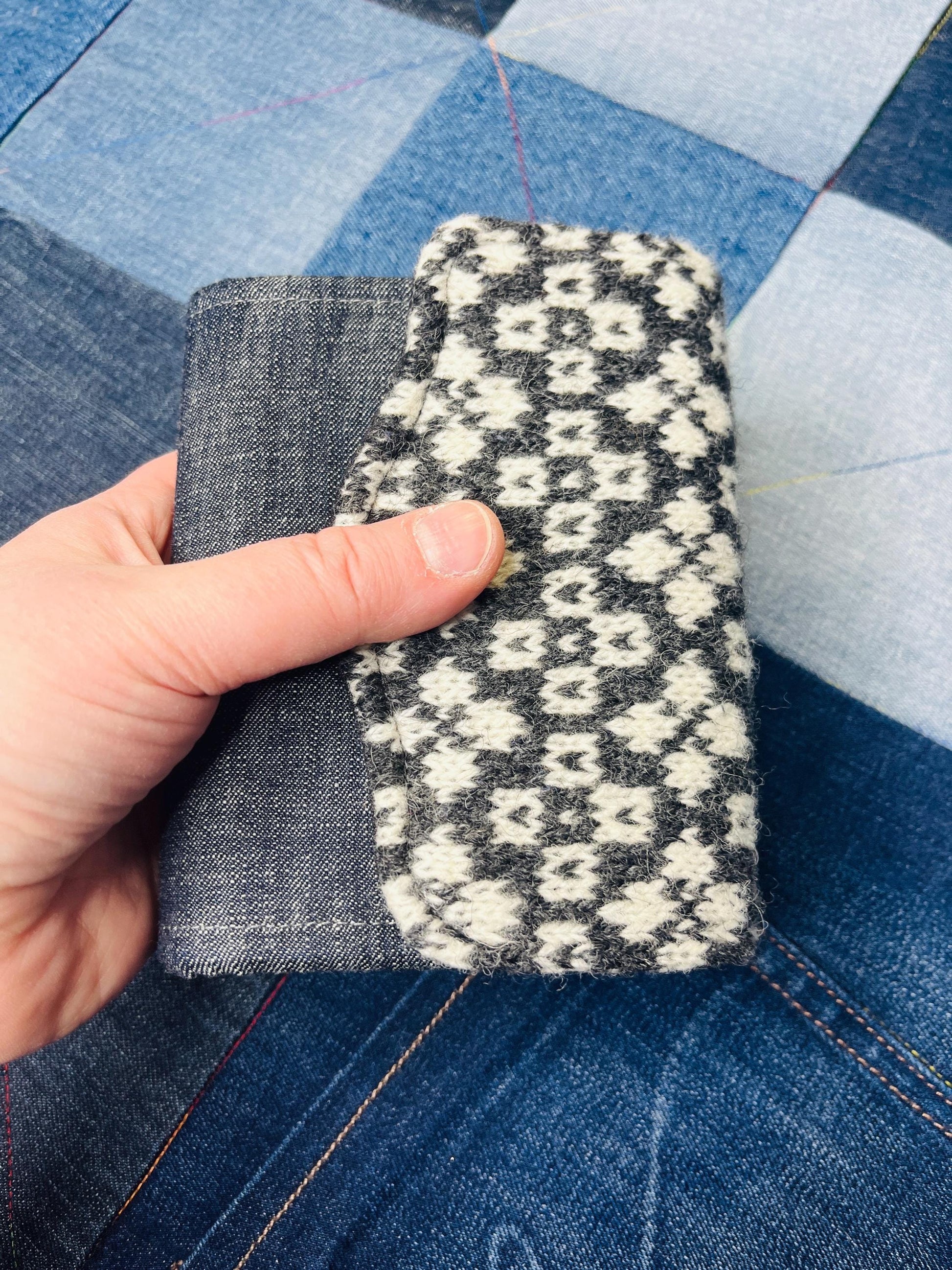 Hand knitted Fair Isle Purse Clutch | Denim - Uphouse Crafts