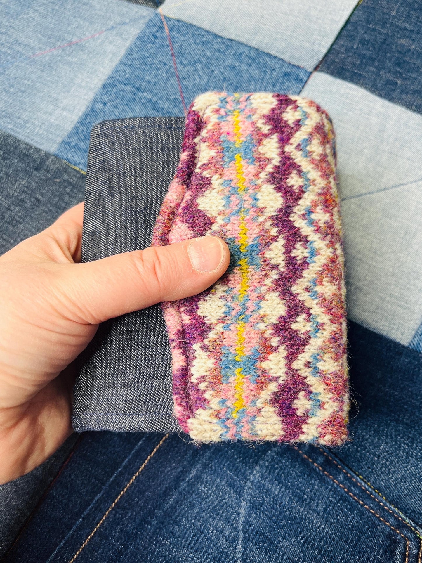 Hand knitted Fair Isle Purse Clutch | Denim - Uphouse Crafts