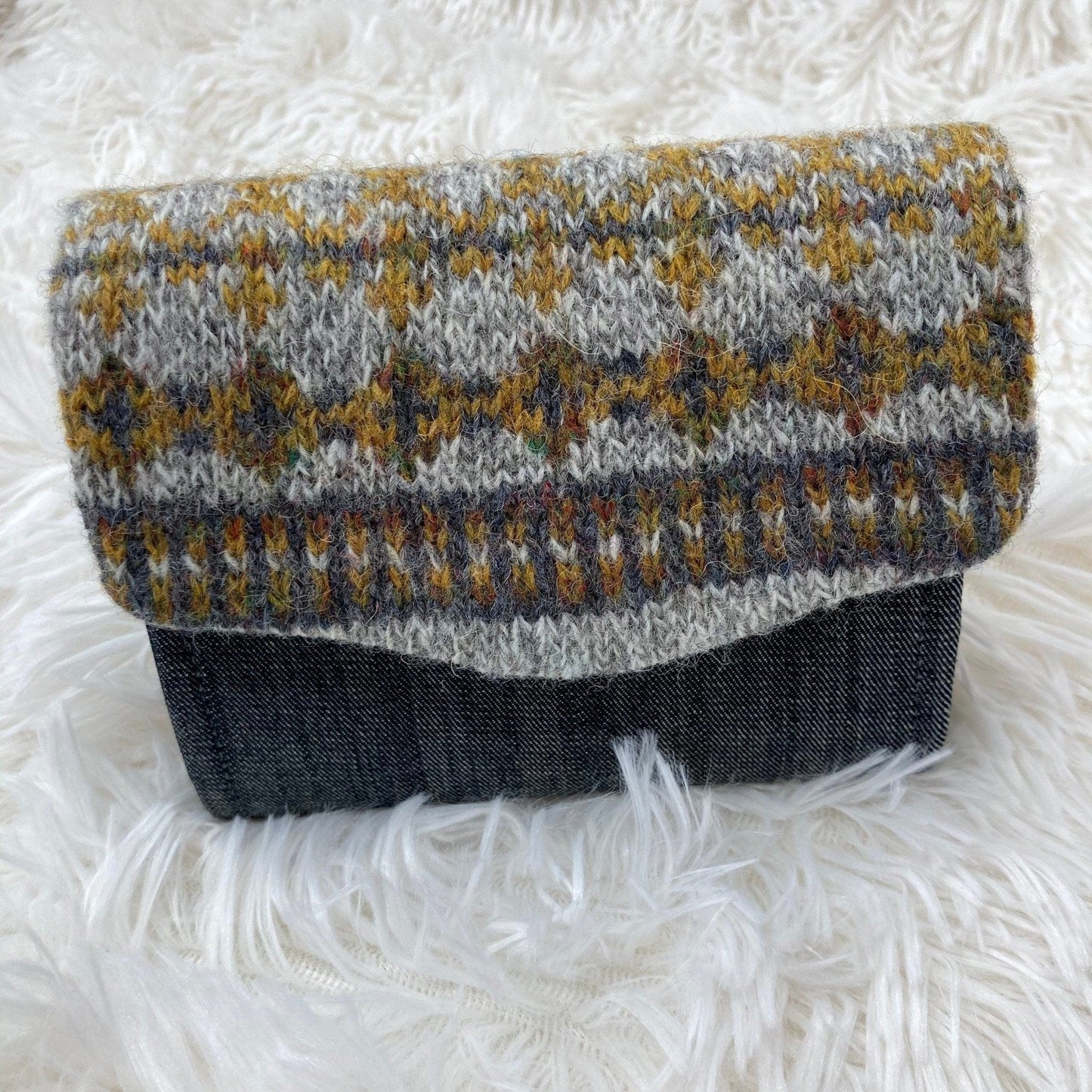 Hand knitted Fair Isle Purse Clutch | Grey Mustard