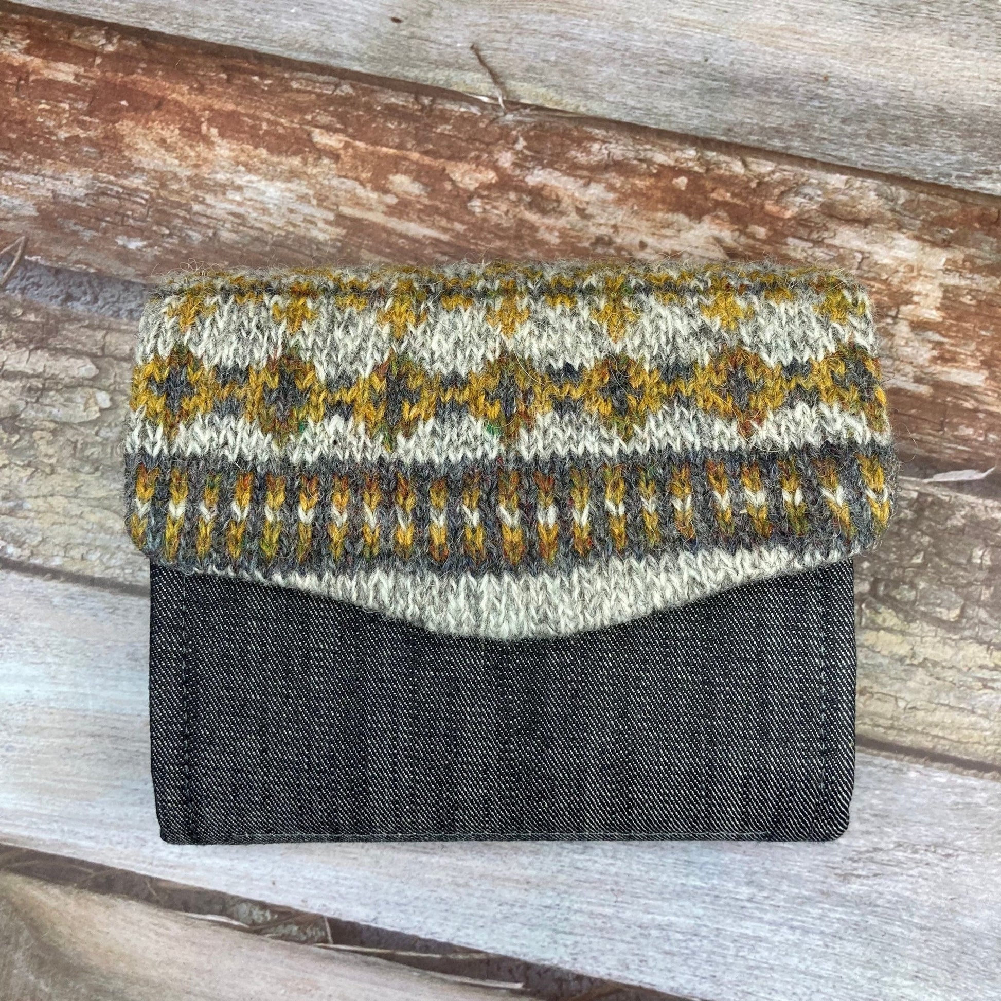 Hand knitted Fair Isle Purse Clutch - Grey Mustard - Uphouse Crafts