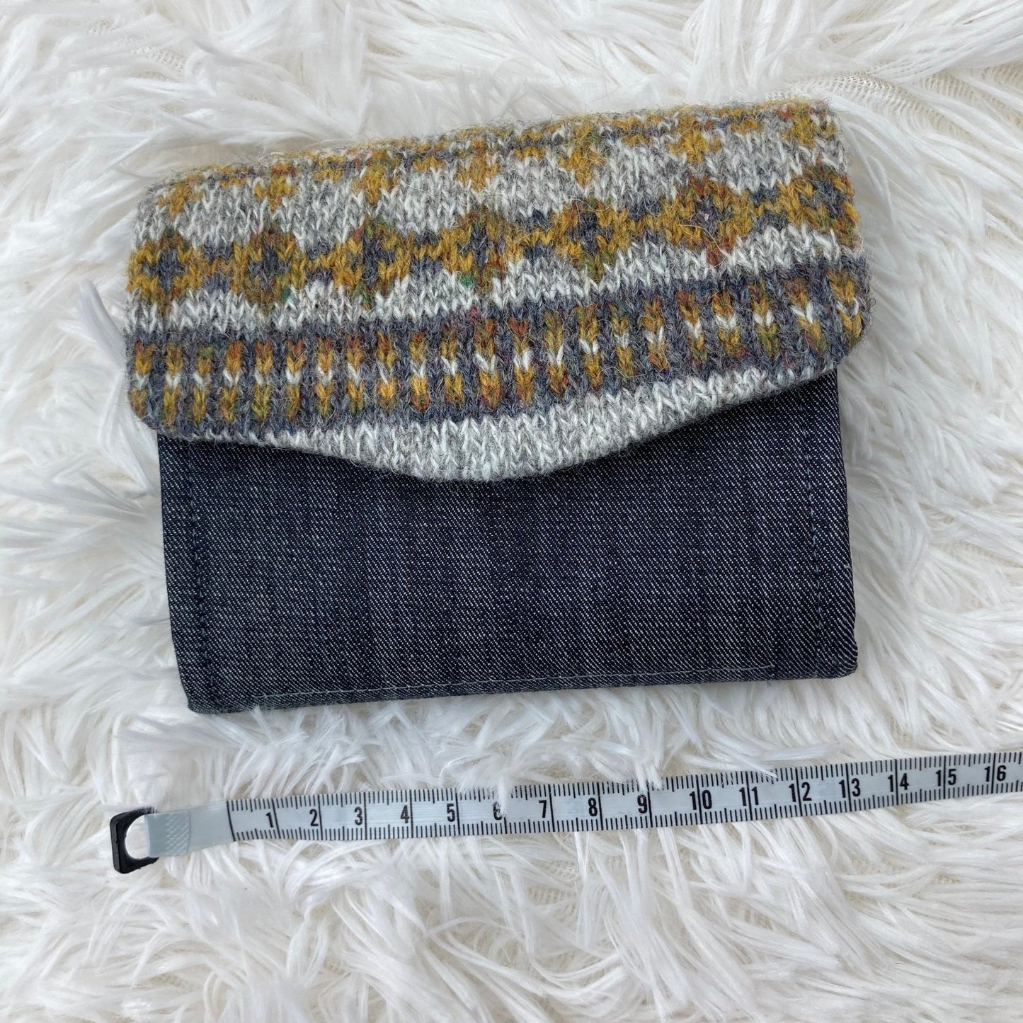 Hand knitted Fair Isle Purse Clutch - Grey Mustard - Uphouse Crafts