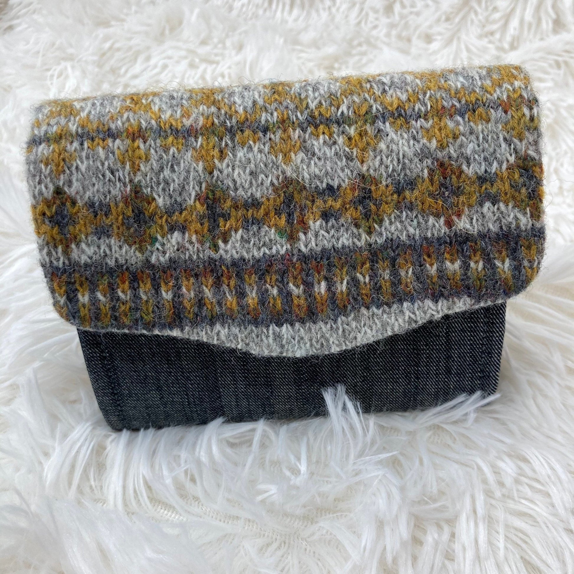 Hand knitted Fair Isle Purse Clutch - Grey Mustard - Uphouse Crafts