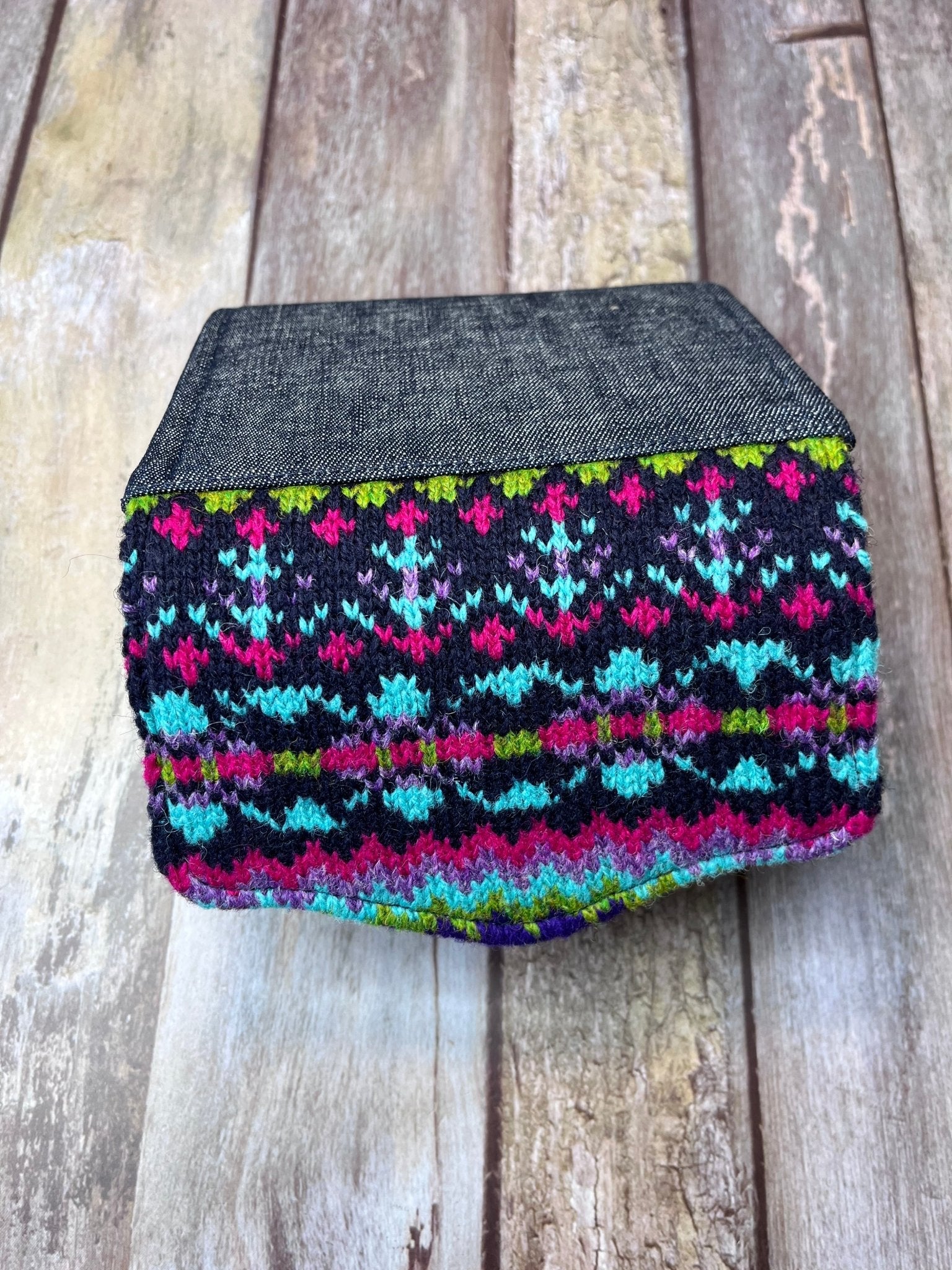 Hand knitted Fair Isle Purse Clutch - Navy, Pink, Green, Purple - Uphouse Crafts