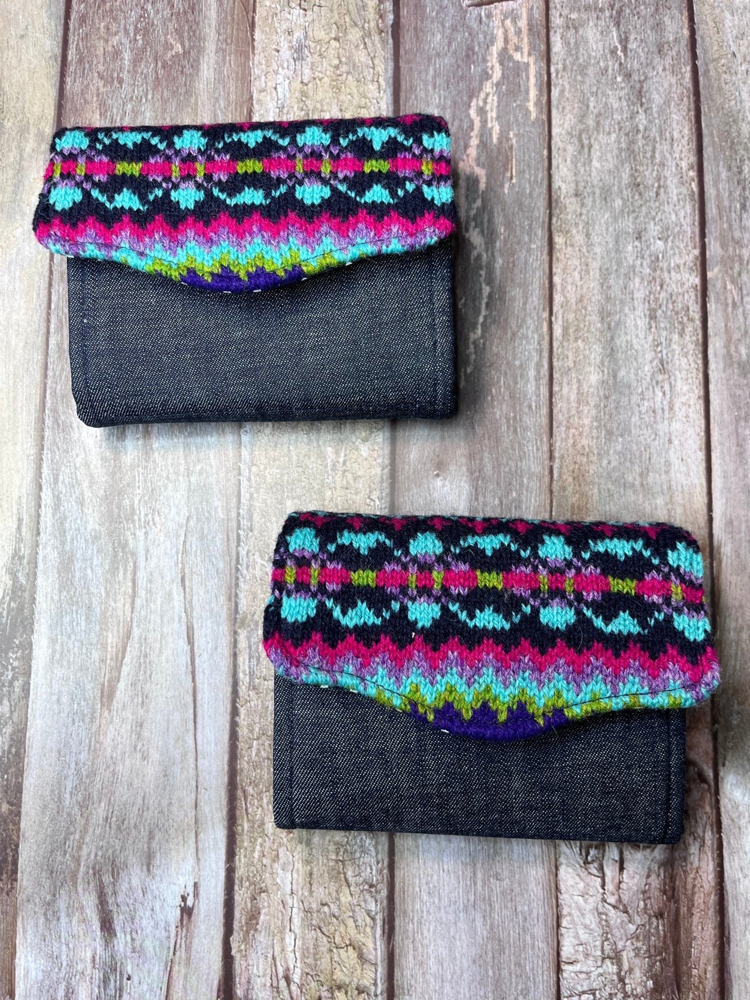 Hand knitted Fair Isle Purse Clutch | Navy, Pink, Green, Purple