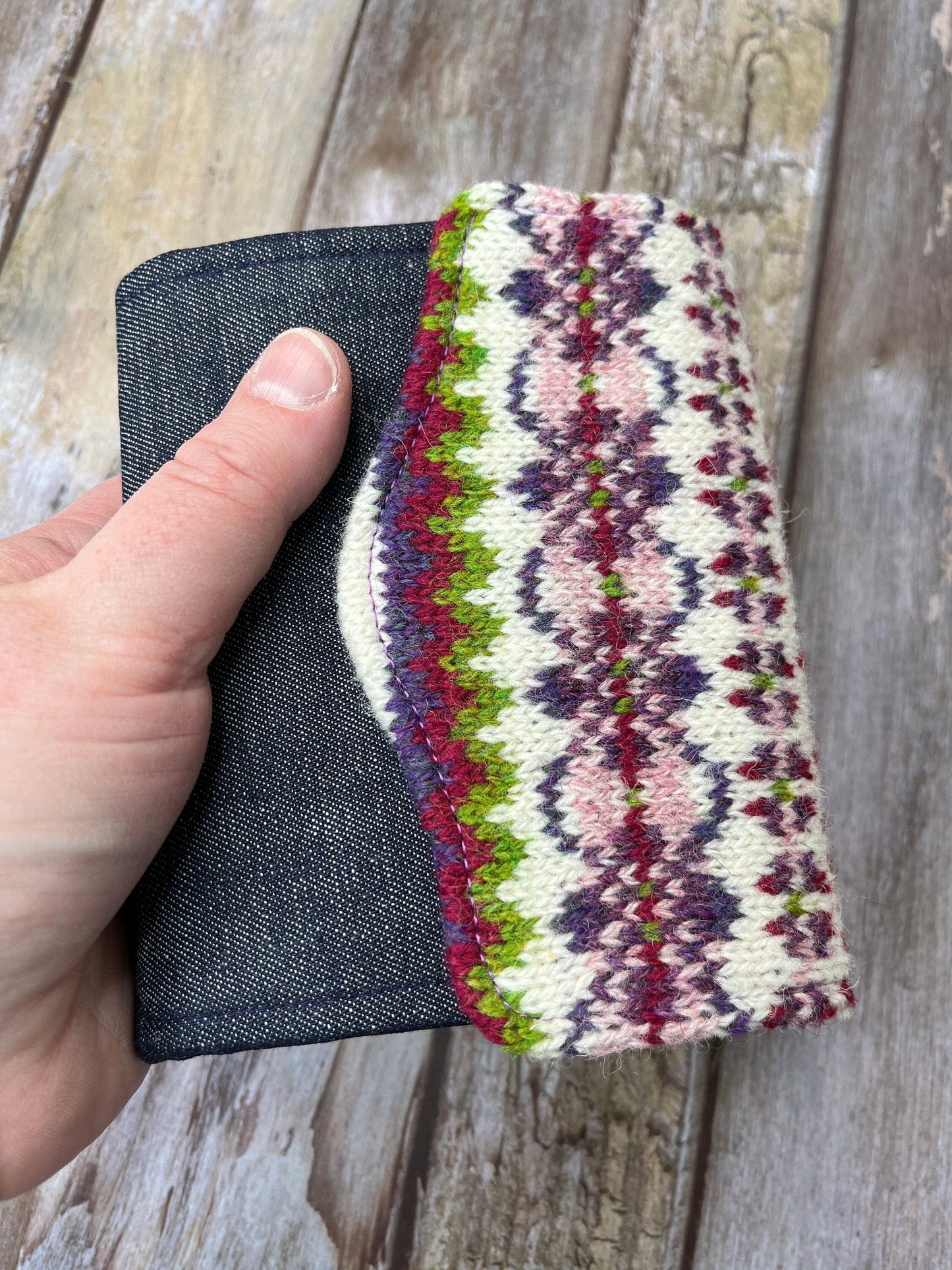 Hand knitted Fair Isle Purse Clutch | Pink Purple Green Wool