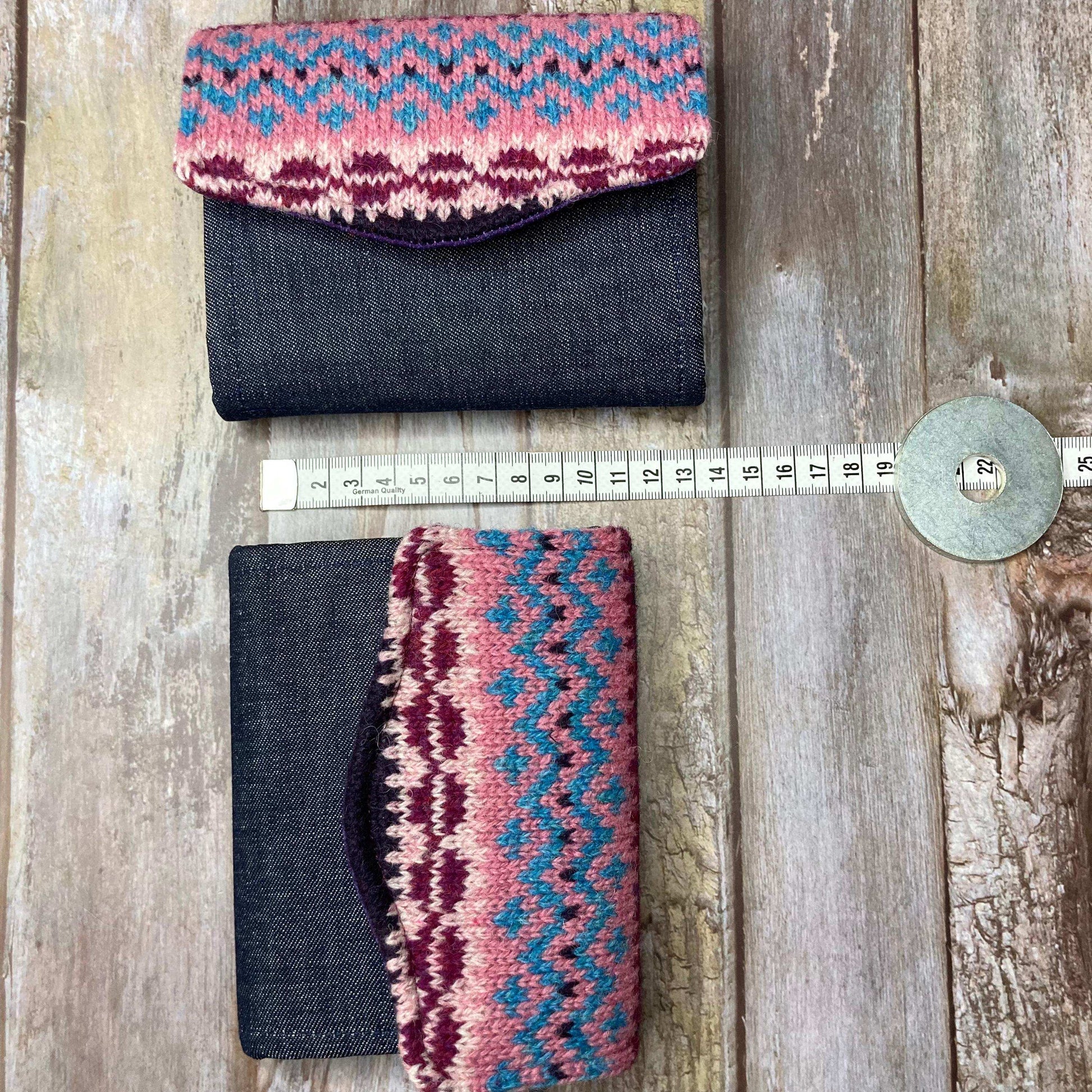 Hand knitted Fair Isle Purse Clutch | Purple Dusky Pink Teal