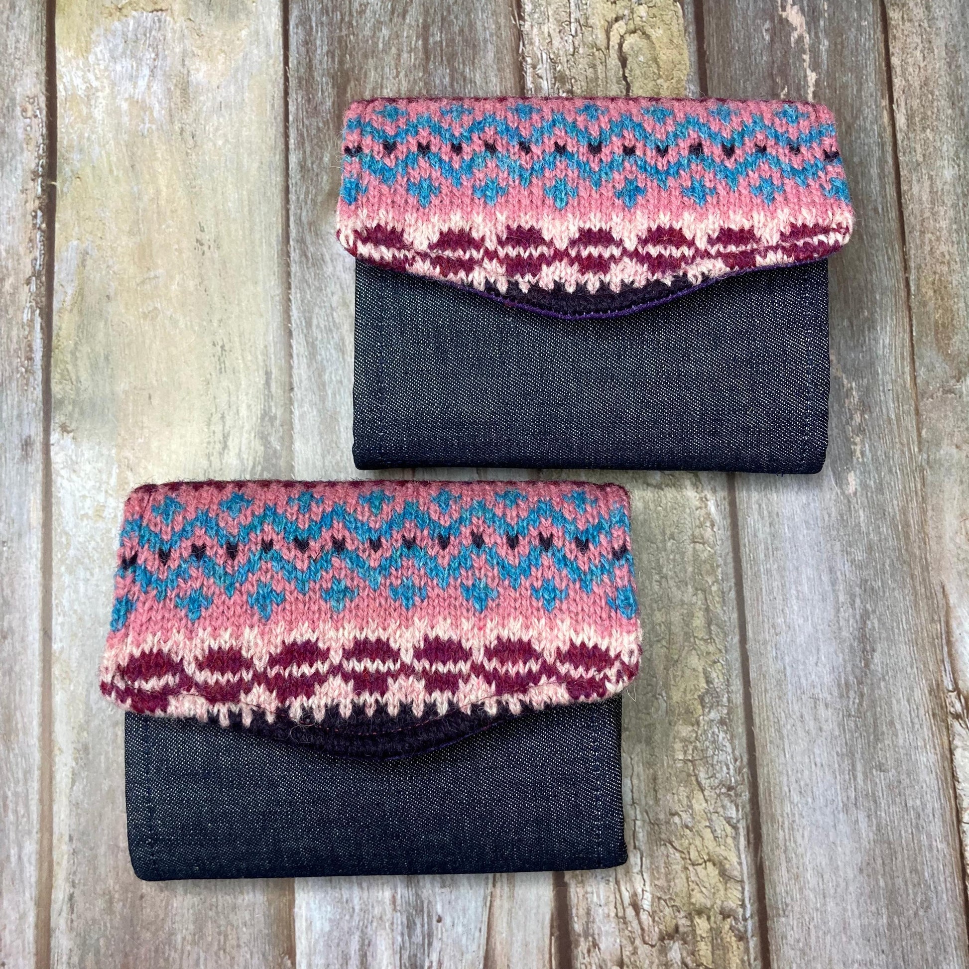 Hand knitted Fair Isle Purse Clutch | Purple Dusky Pink Teal - Uphouse Crafts