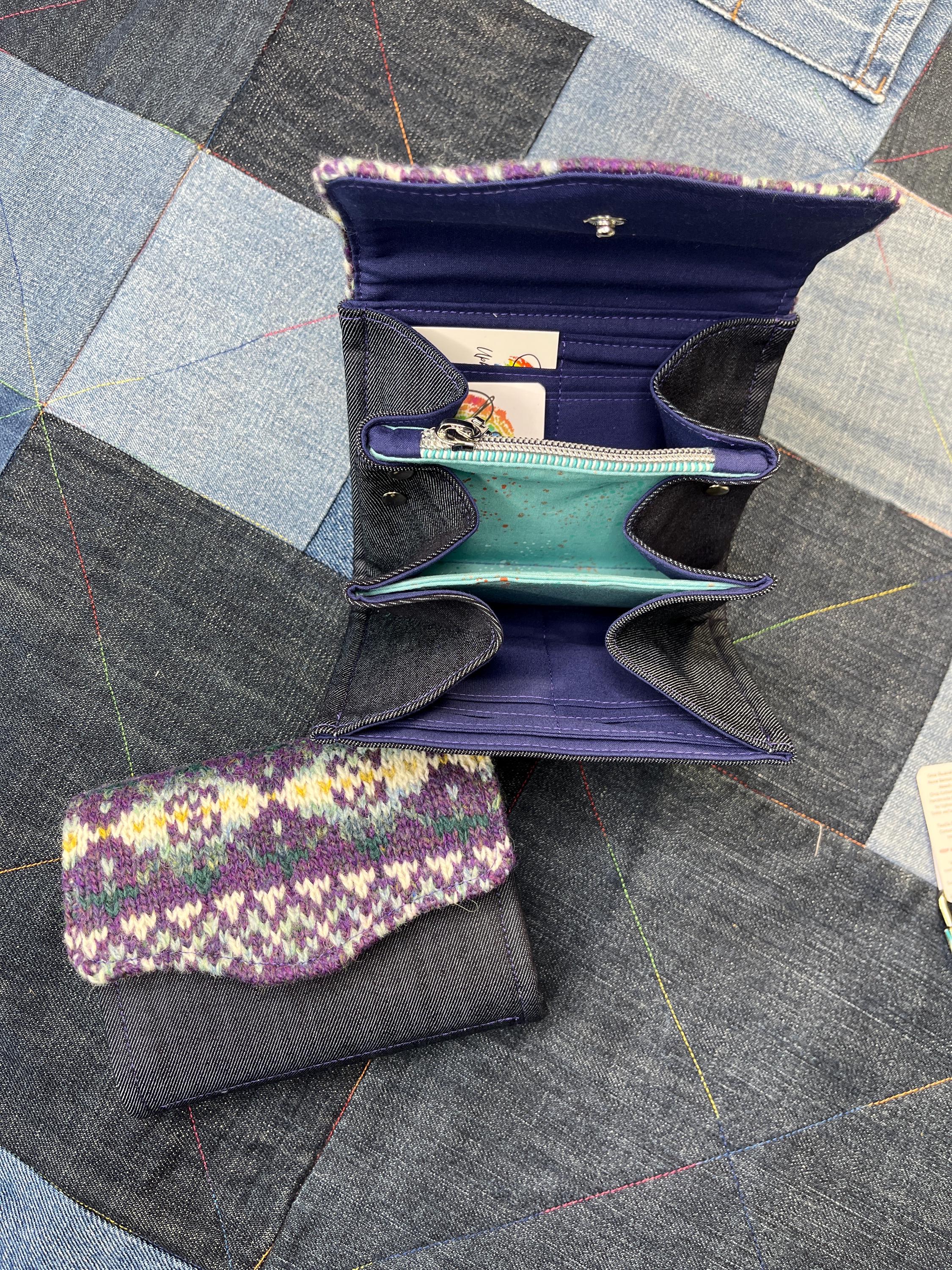 Hand Knitted Fair Isle Purse | Purple White Aqua Wool - Uphouse Crafts