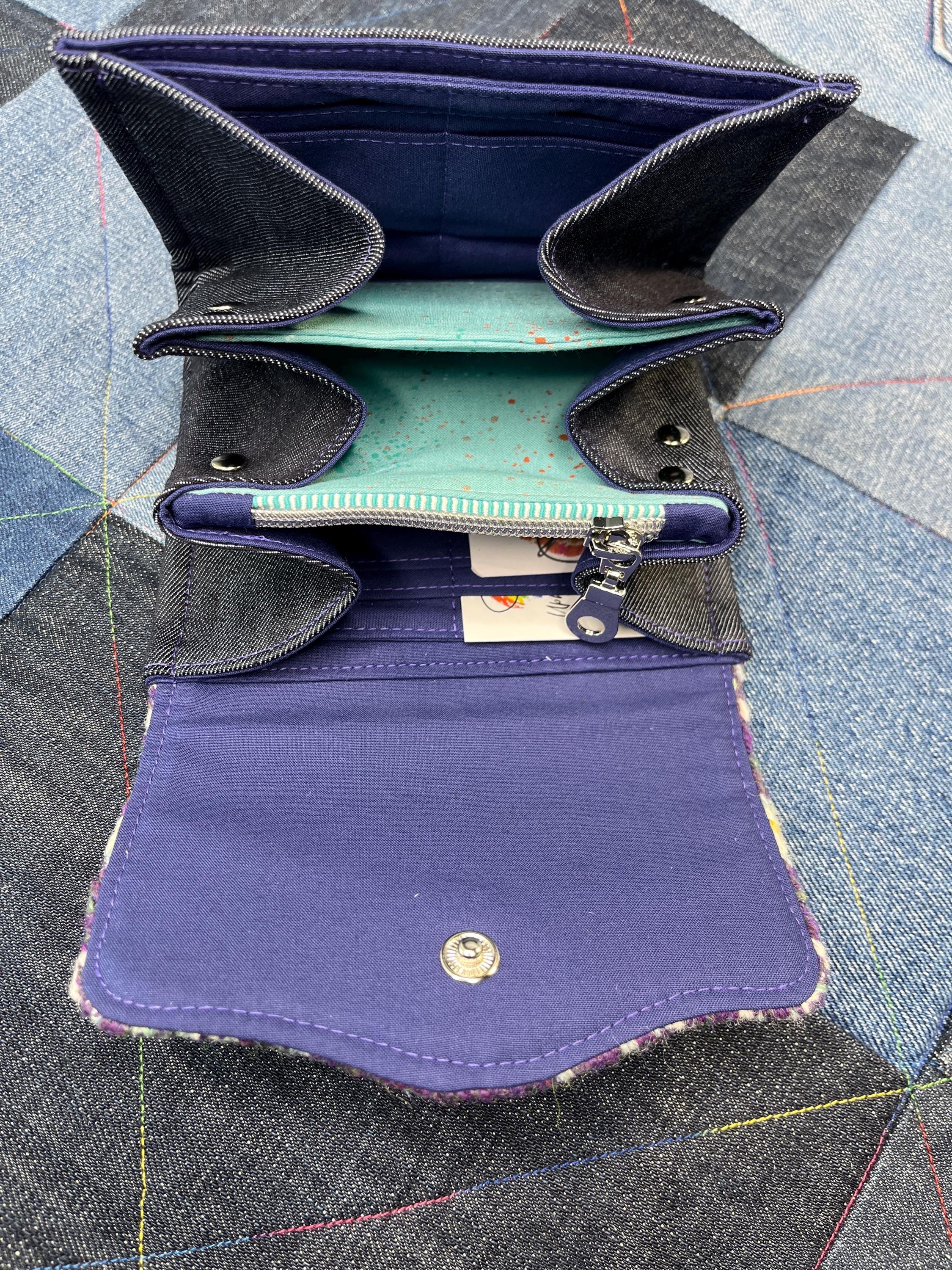 Hand Knitted Fair Isle Purse | Purple White Aqua Wool - Uphouse Crafts