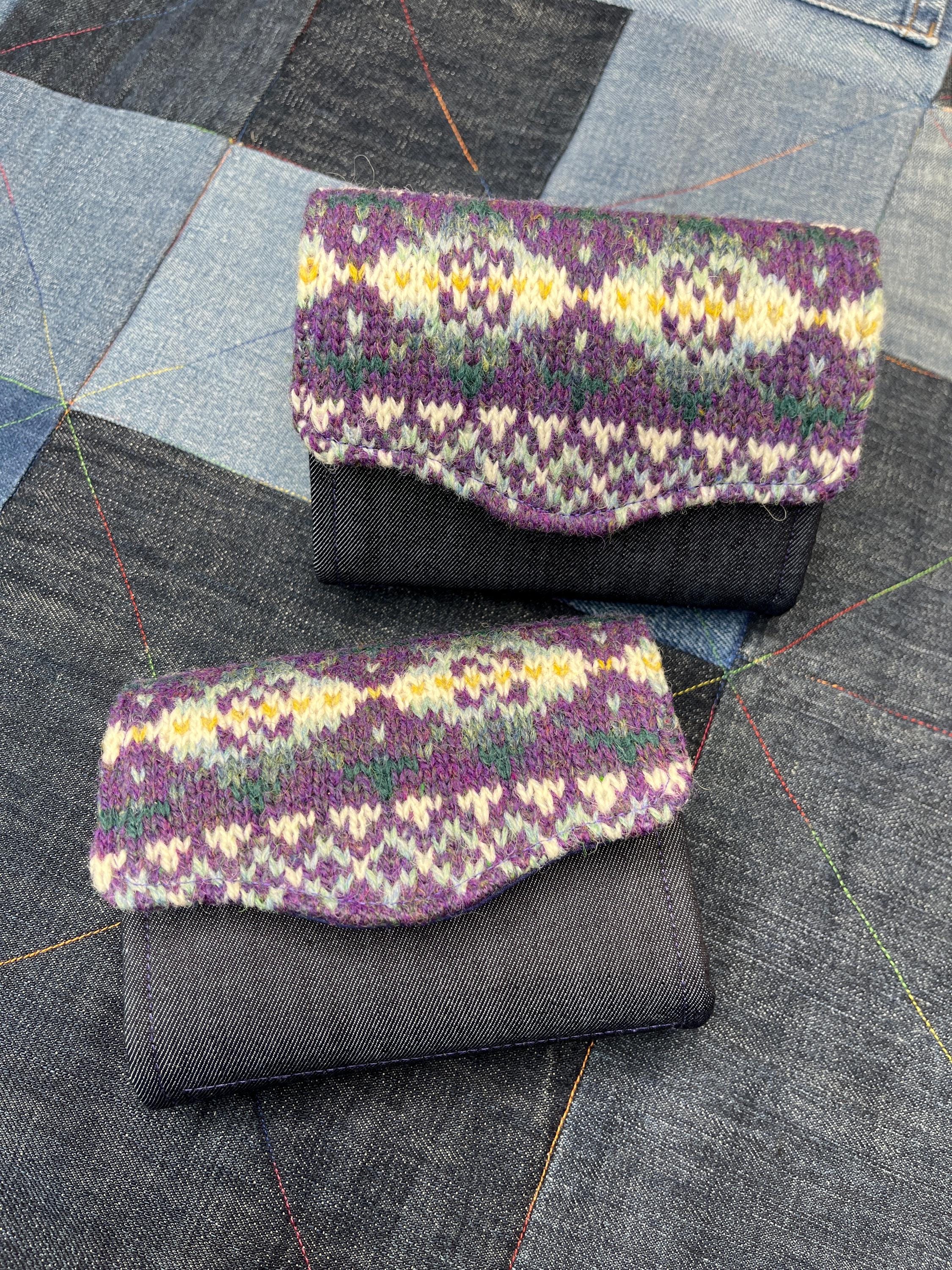 Hand Knitted Fair Isle Purse | Purple White Aqua Wool - Uphouse Crafts