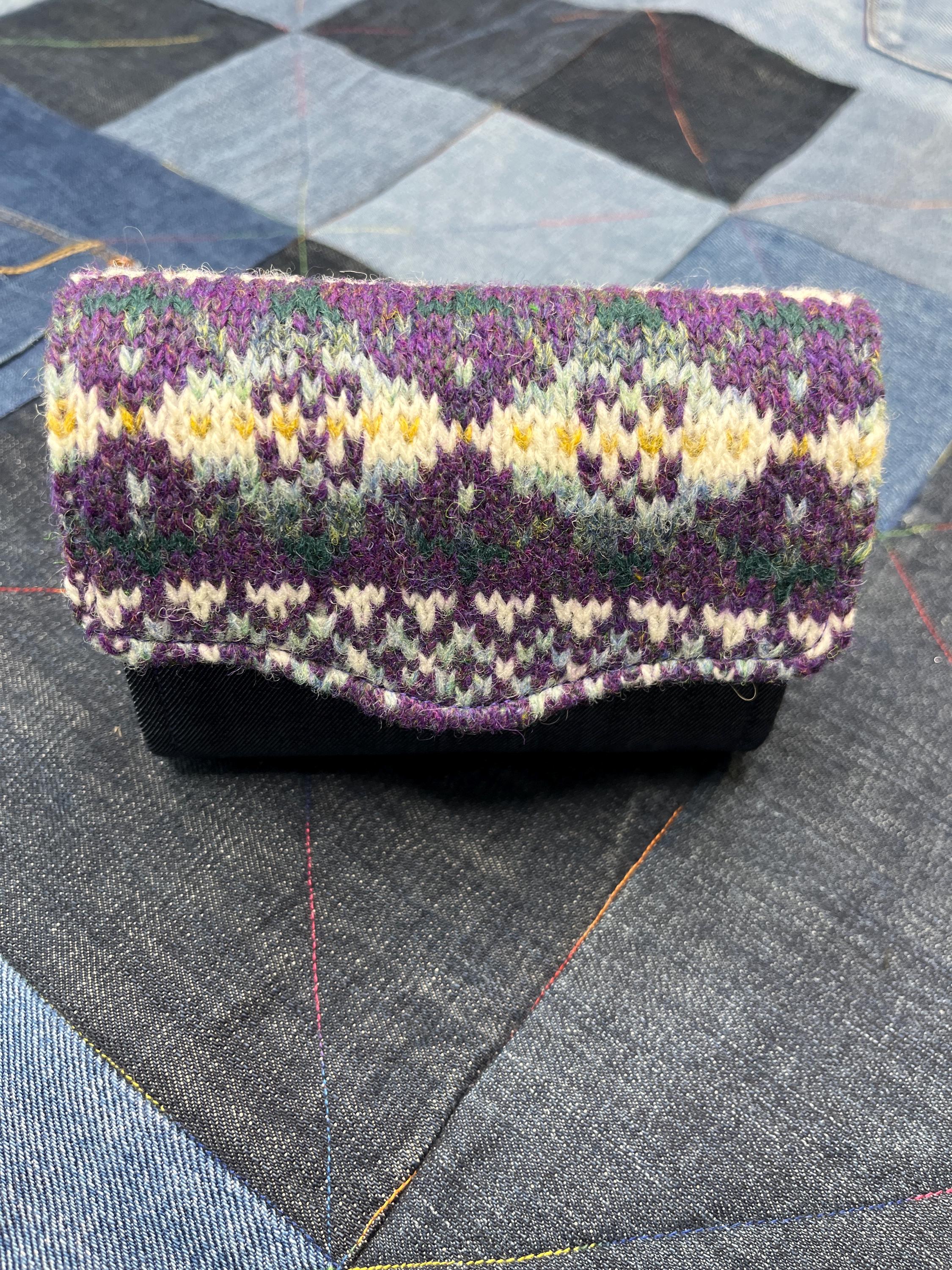 Hand Knitted Fair Isle Purse | Purple White Aqua Wool - Uphouse Crafts