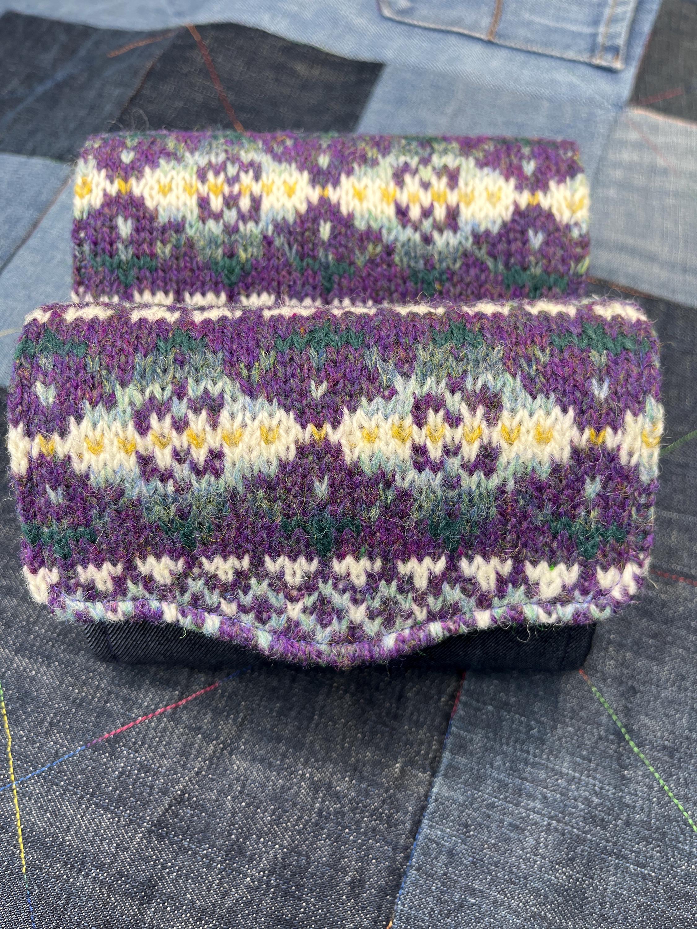 Hand Knitted Fair Isle Purse | Purple White Aqua Wool - Uphouse Crafts