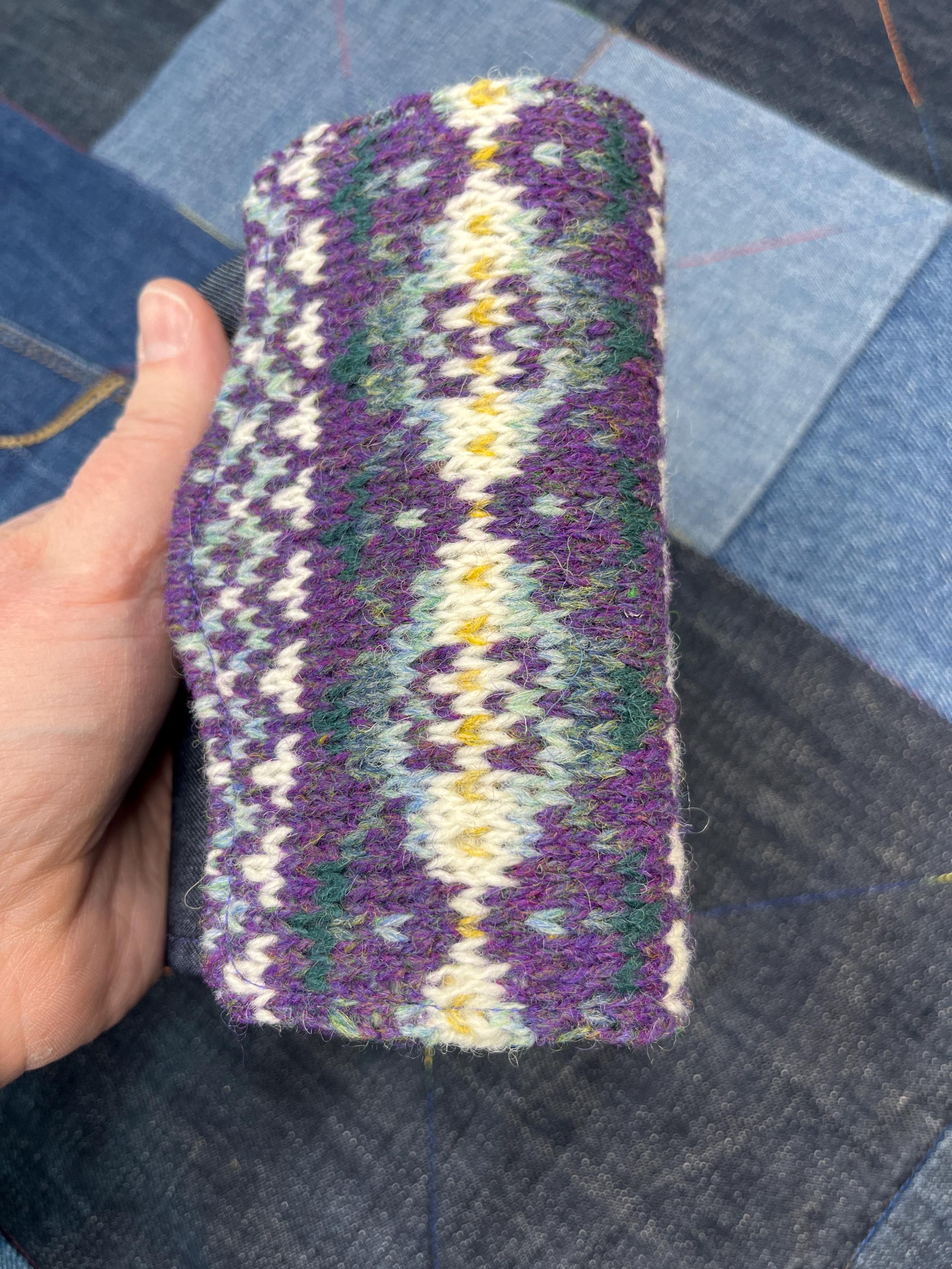 Hand Knitted Fair Isle Purse | Purple White Aqua Wool - Uphouse Crafts