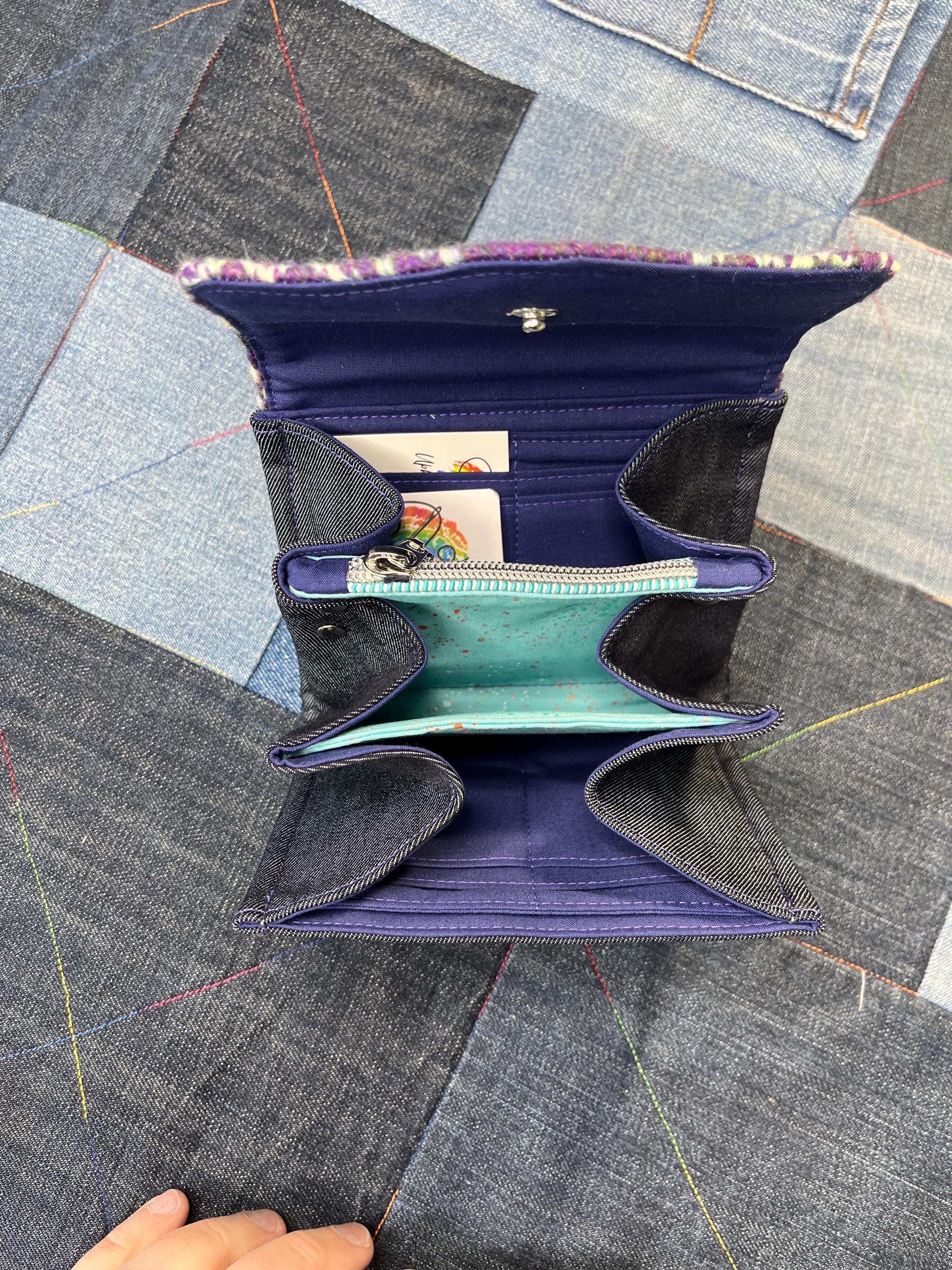 Hand Knitted Fair Isle Purse | Purple White Aqua Wool - Uphouse Crafts