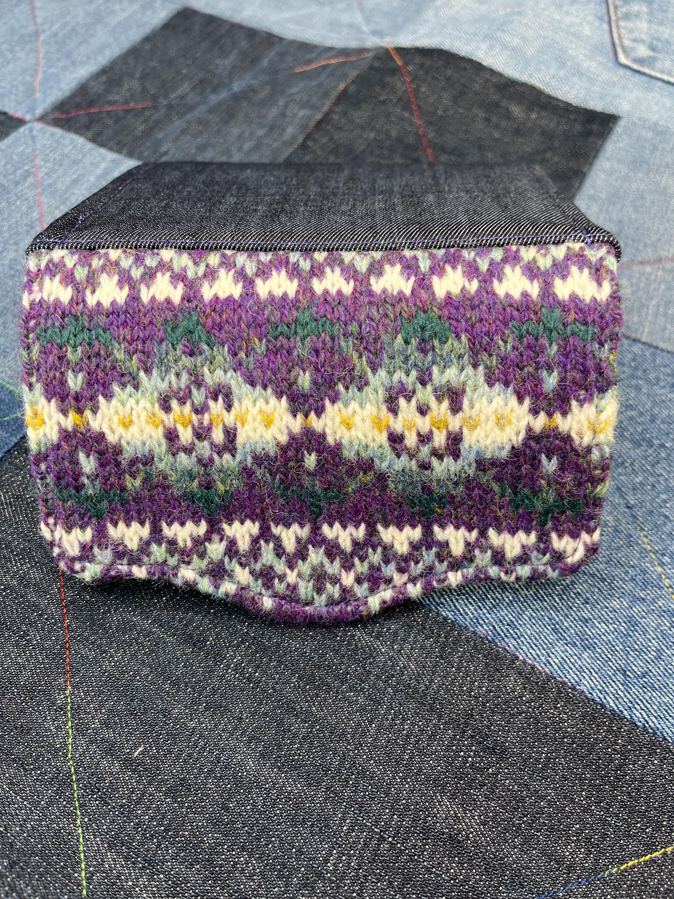 Hand Knitted Fair Isle Purse | Purple White Aqua Wool - Uphouse Crafts