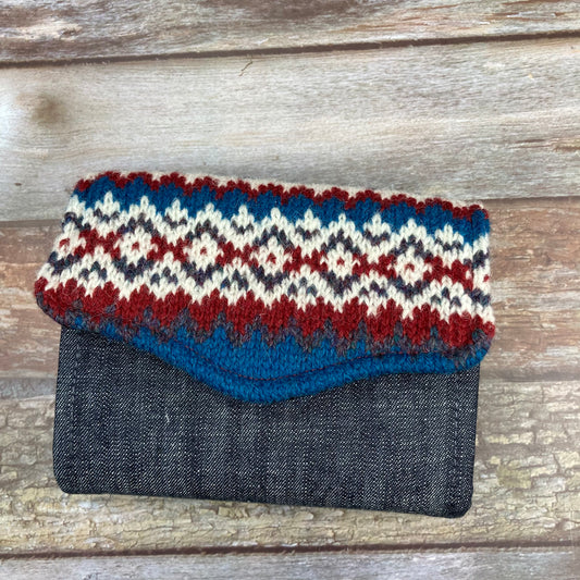 Blue Red & White Fair Isle Purse , Unique Knitted Purse Wallet, Handmade in Shetland - Uphouse Crafts