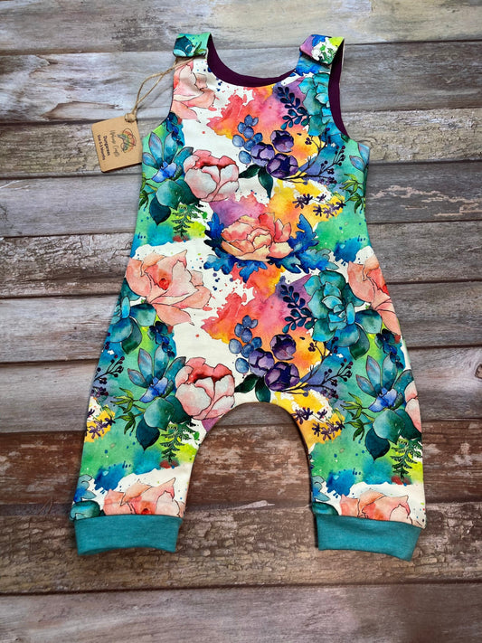 Floral Baby dungarees, Pink Blue Aqua Baby Dungarees Romper 0-3 months - Uphouse Crafts