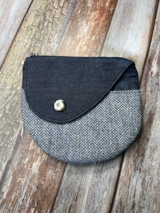 Shetland Blue Grey Tweed Round Wing Zip Purse - Uphouse Crafts