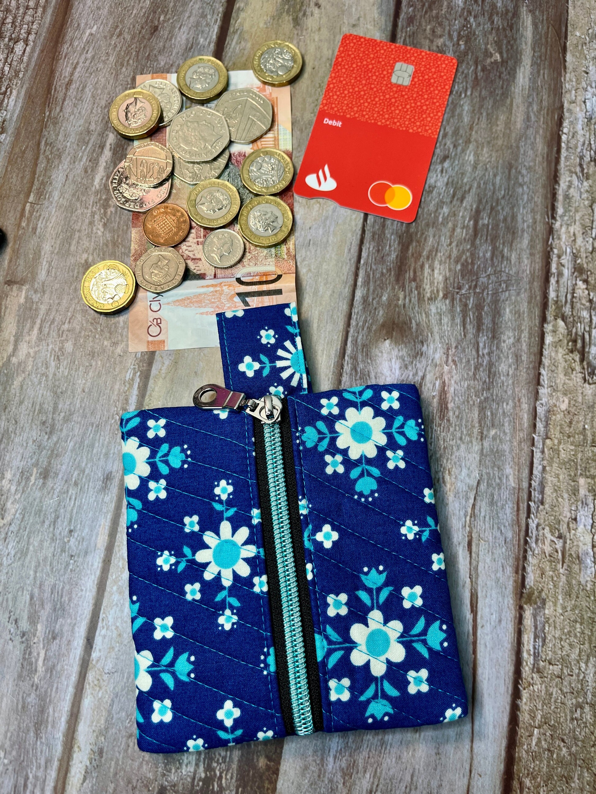 Blue Floral quilted Mini Zip Pouch, Coin Purse, Keyring Purse, Emergency Kit, Girls Purse, Blue Turquoise Pouch - Uphouse Crafts