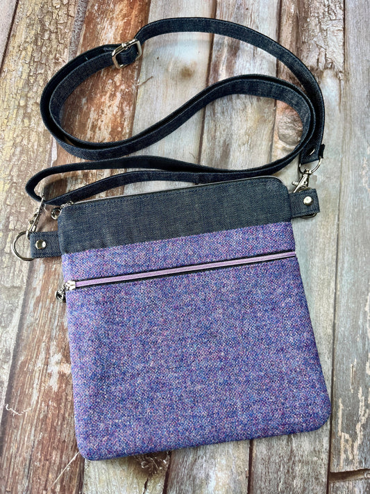 Purple Wool Tweed Crossbody Bag, Denim Tweed Slim Bag, Tweed Handbag, Tweed Crossbody Bag
