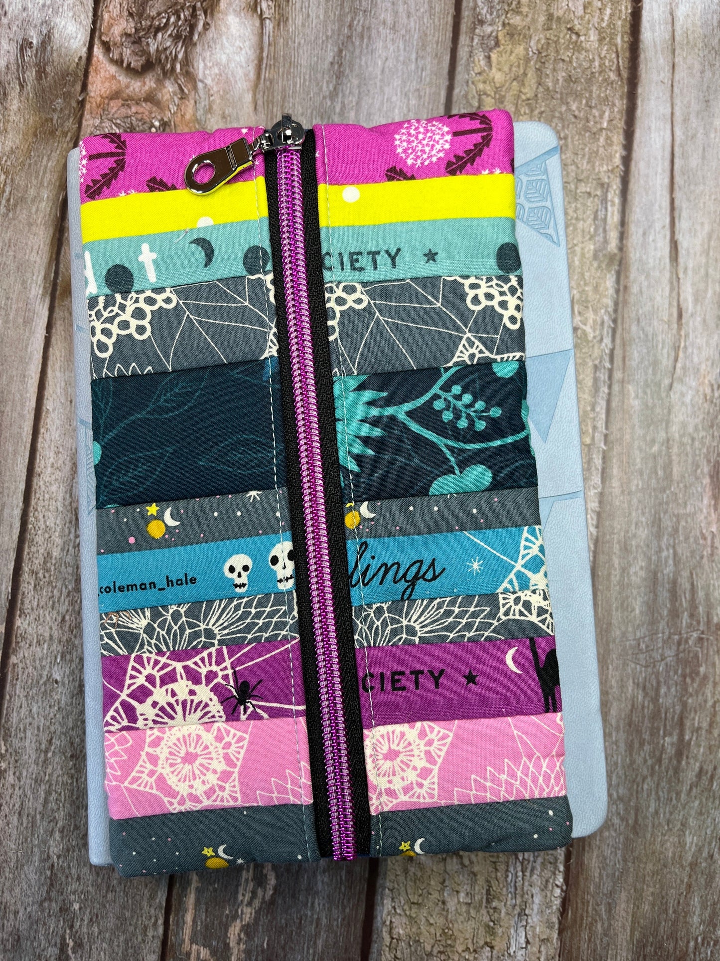 Teal Yellow Pink Patchwork Notebook Pencil Case, A5 Journal Zip Case, Bookmark