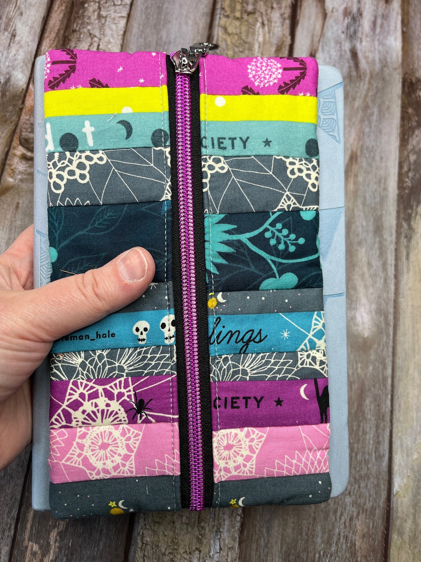 Teal Yellow Pink Patchwork Notebook Pencil Case, A5 Journal Zip Case, Bookmark