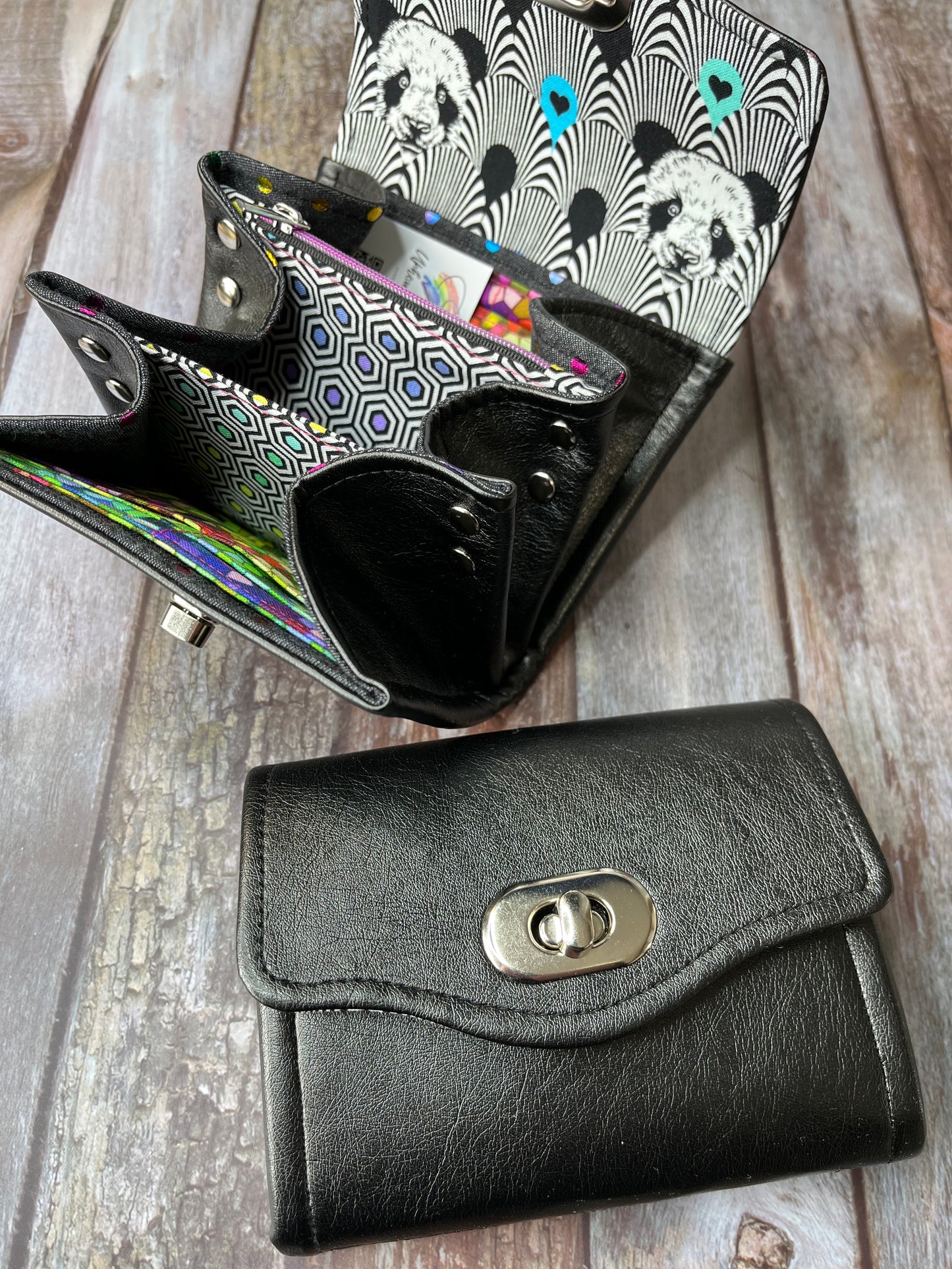 SALE Black Faux Leather Purse - Rainbow Panda - Uphouse Crafts