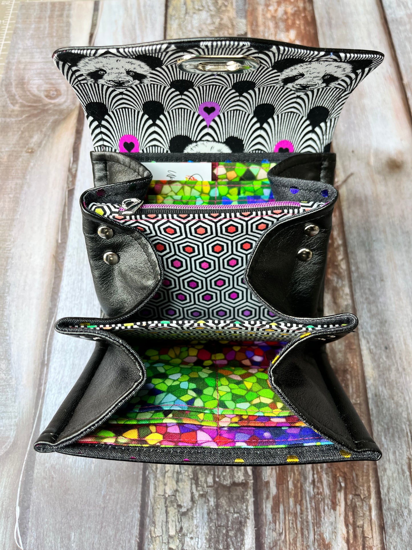 SALE Black Faux Leather Purse - Rainbow Panda - Uphouse Crafts