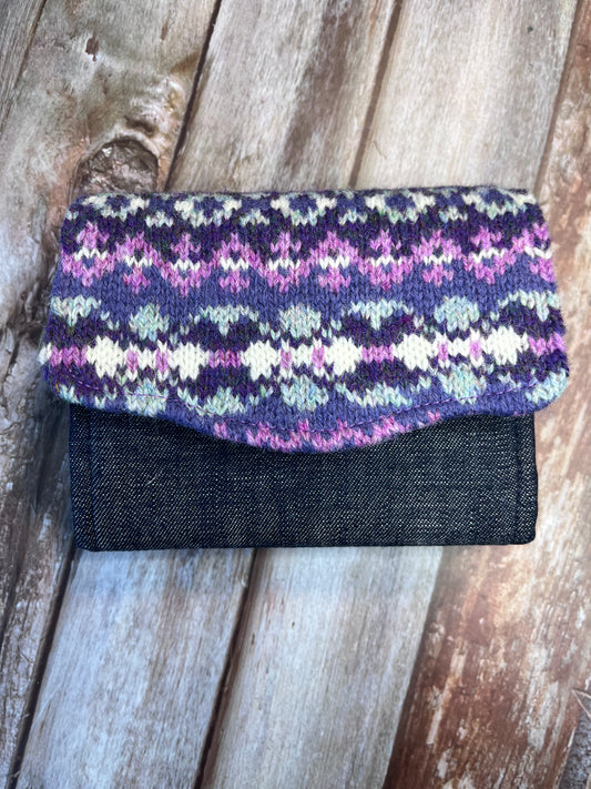 Hand knitted Fair Isle Purse Clutch - Purple & Mint - Uphouse Crafts