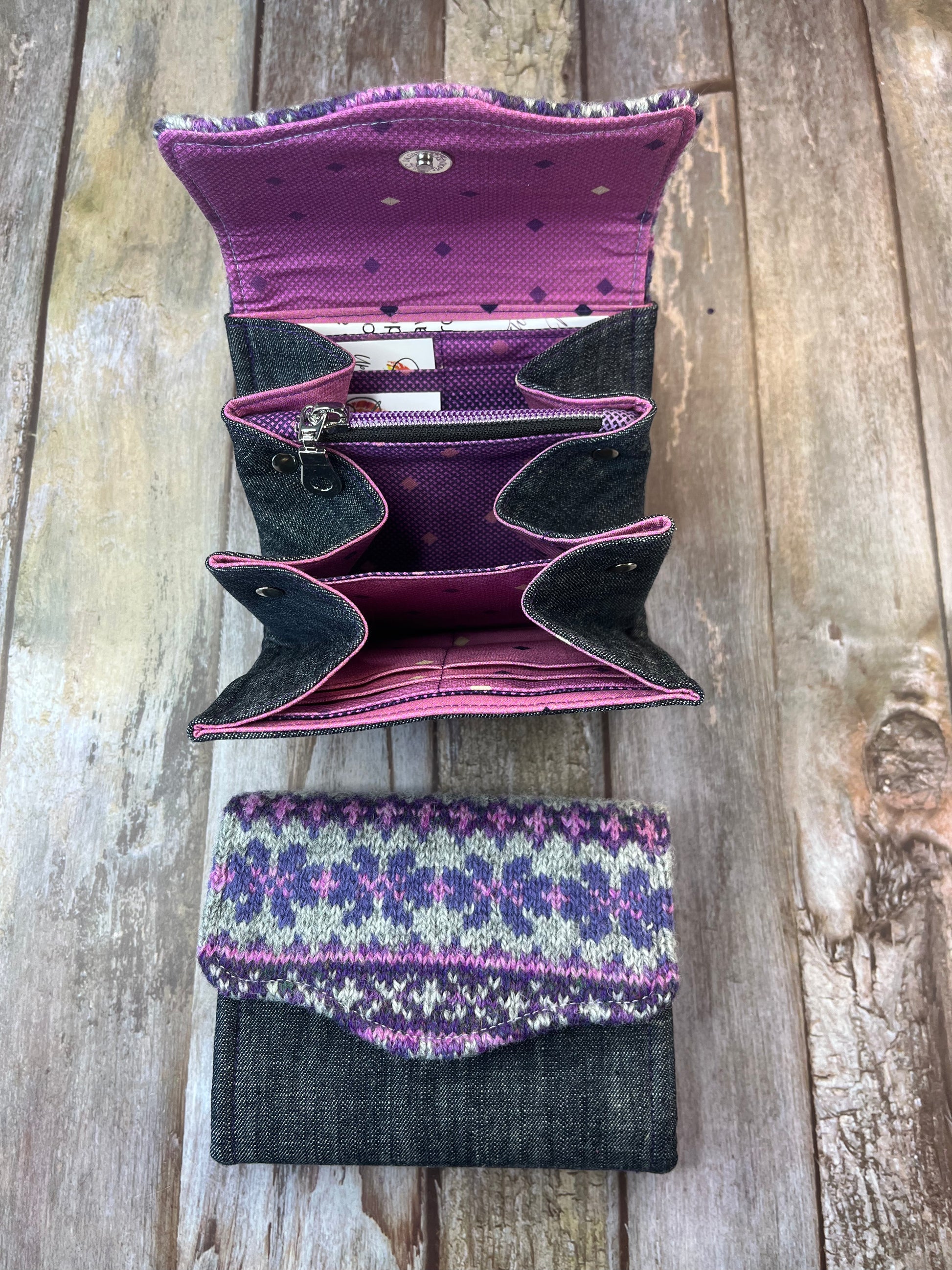 Hand knitted Fair Isle Purse Clutch - Purple Grey - Uphouse Crafts