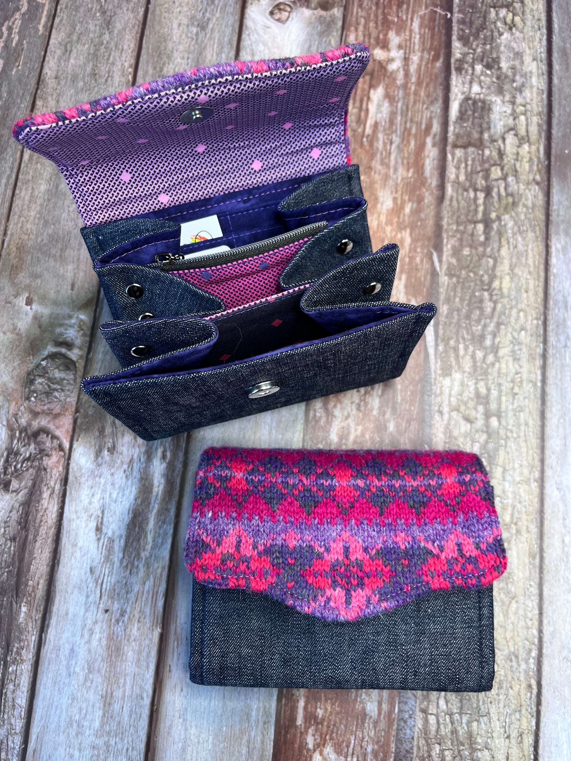 Hand knitted Fair Isle Purse Clutch - Pink Purple - Uphouse Crafts