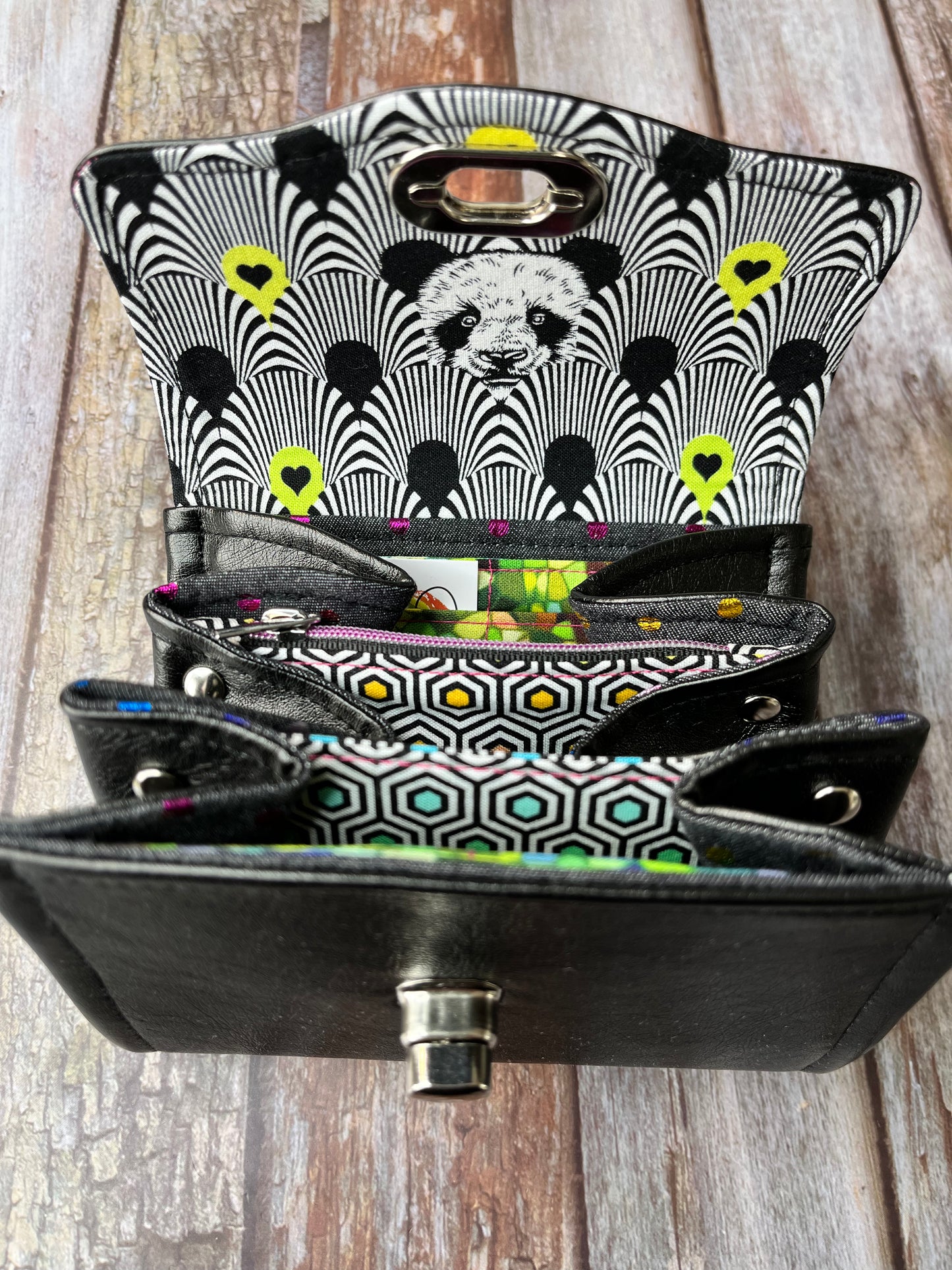 SALE Black Faux Leather Purse - Rainbow Panda - Uphouse Crafts