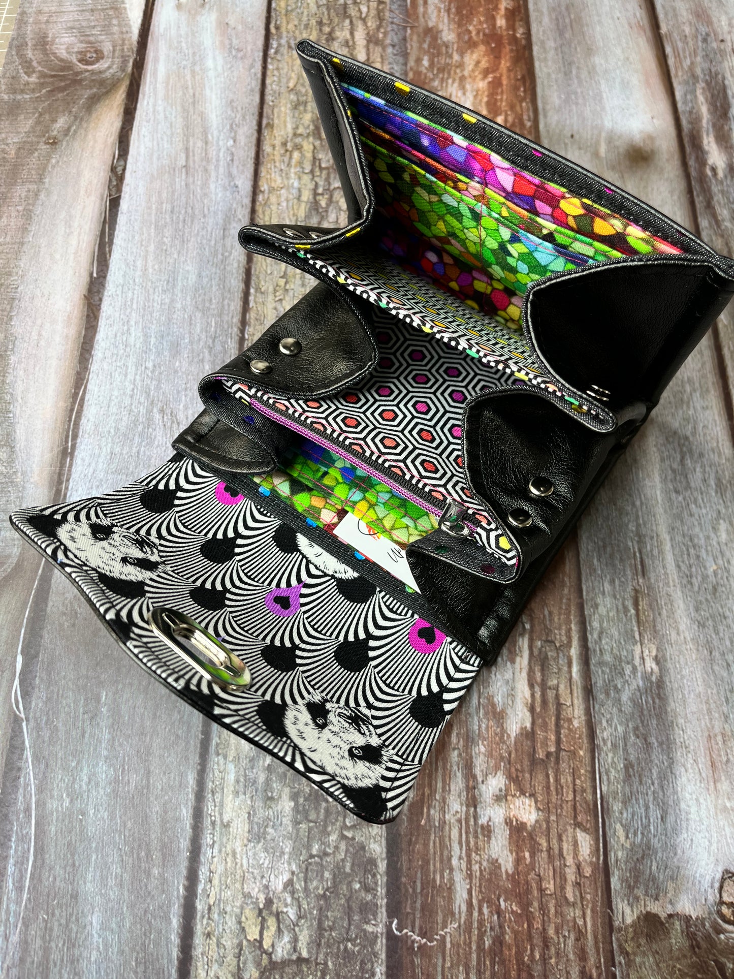 SALE Black Faux Leather Purse - Rainbow Panda - Uphouse Crafts