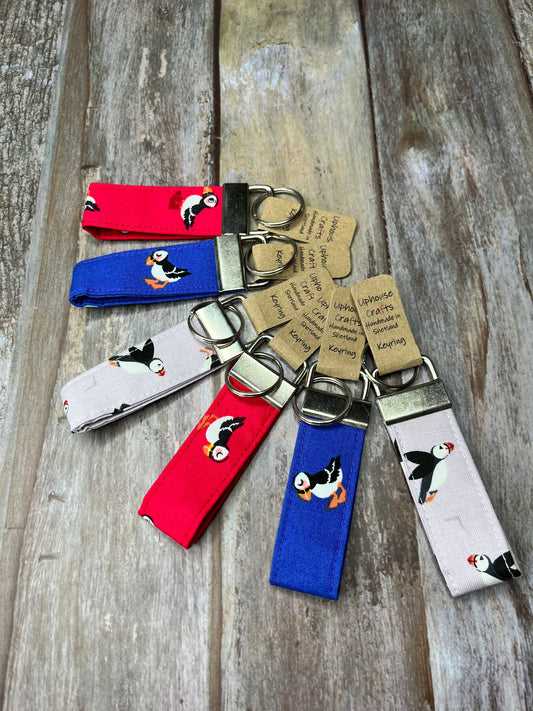 Handmade Cotton Puffin Keyring - Blue, Red, Lilac - Uphouse Crafts