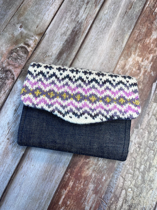 Hand knitted Fair Isle Purse Clutch - Ivory Pink Purple - Uphouse Crafts