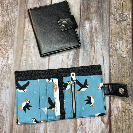 SALE Bi-Fold Black Faux Leather Wallet - Blue Puffin interior - Uphouse Crafts