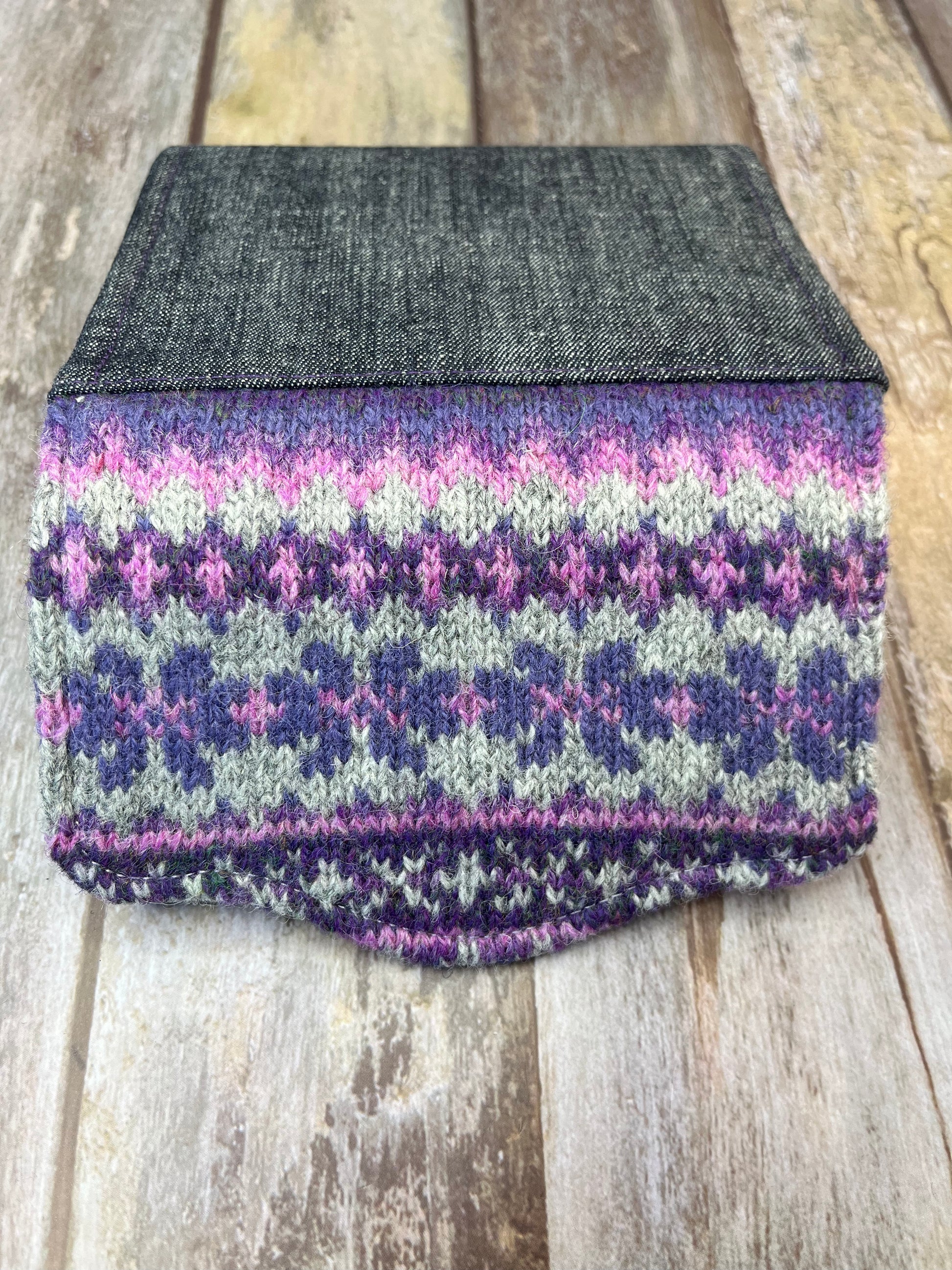 Hand knitted Fair Isle Purse Clutch - Purple Grey - Uphouse Crafts