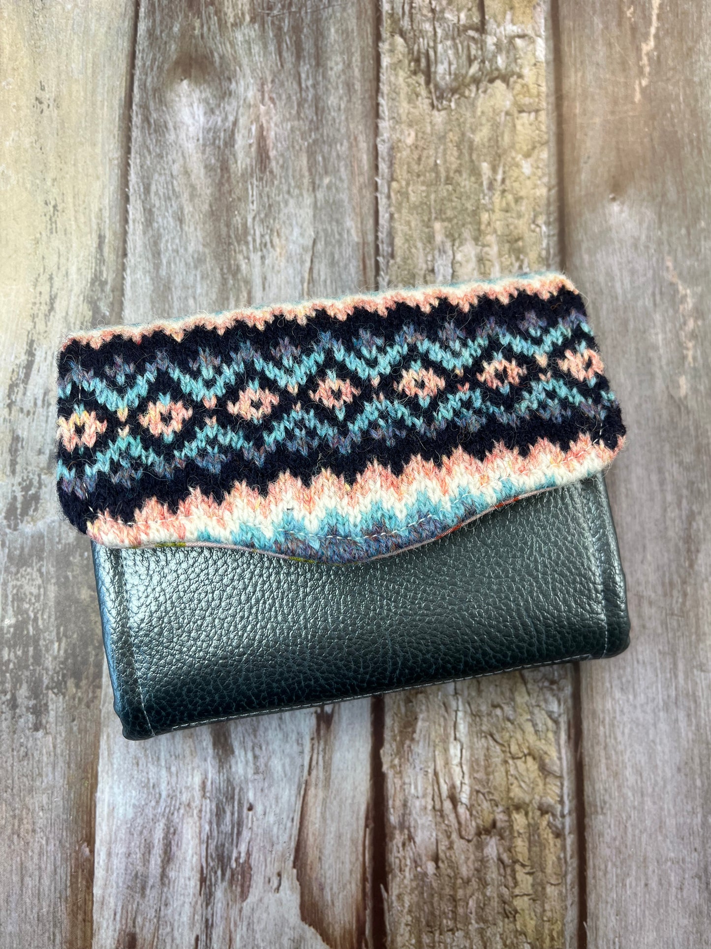 Faux Leather & Blue Peach Fair Isle Purse - Uphouse Crafts