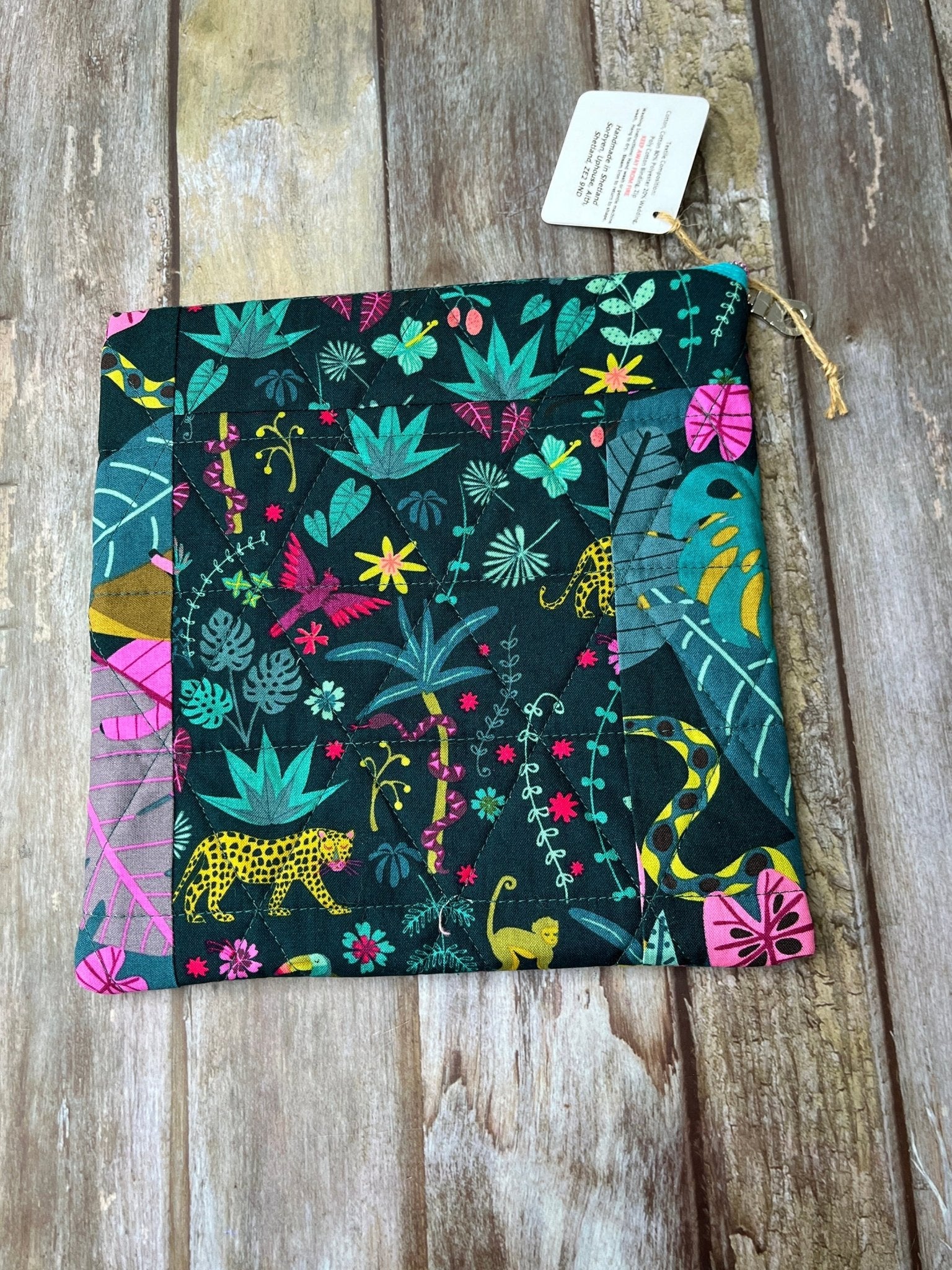 Jungle Patchwork Diagonal Zip Pouch, Green Pink Quilted Zip Pouch, Travel Document Sleeve - Uphouse Crafts